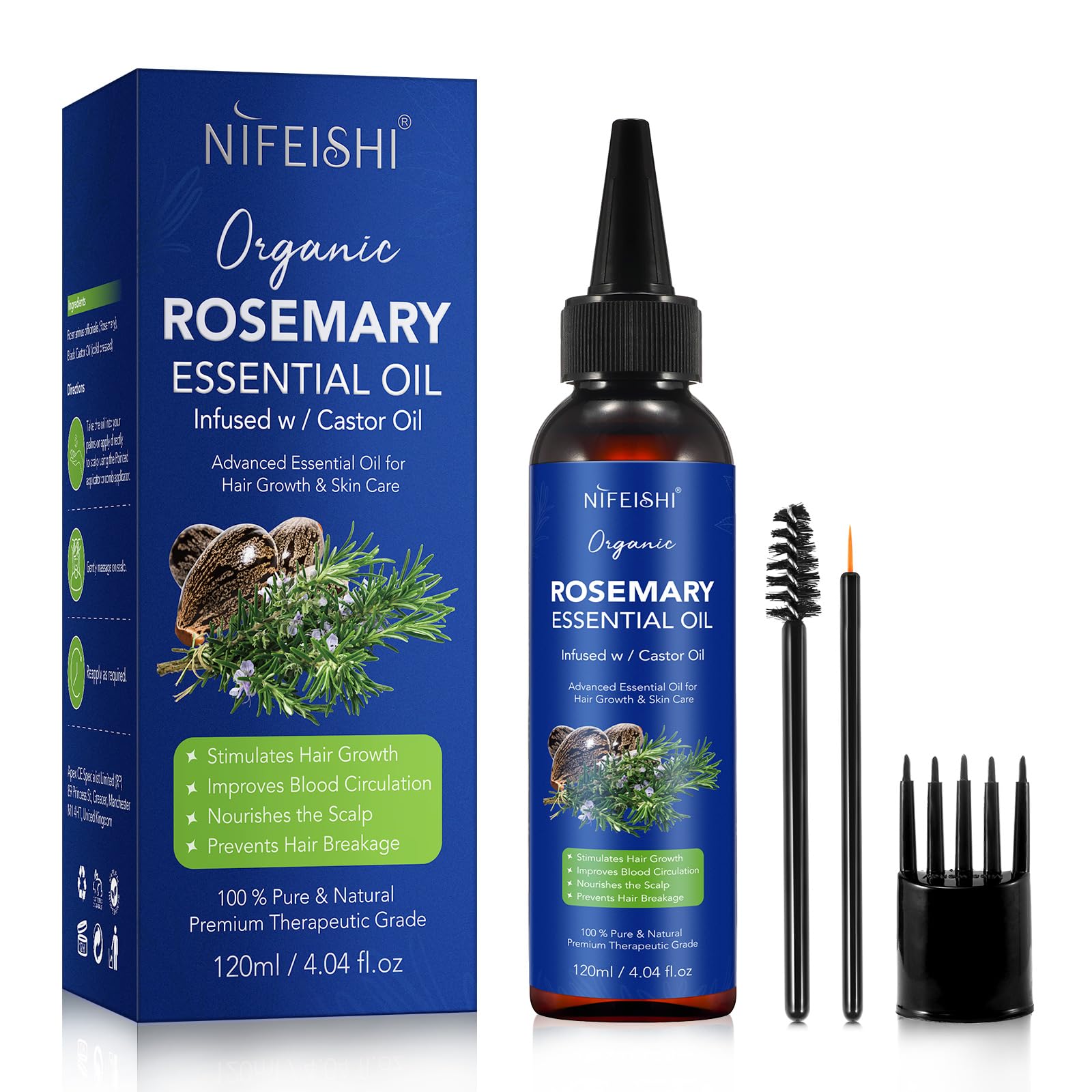 Rosemary Essential Oil for Hair Growth, Scalp Massage and Body - 120ml Pure Organic Infusion with Castor Oil, Improves Blood Circulation, Reduces Hair Loss