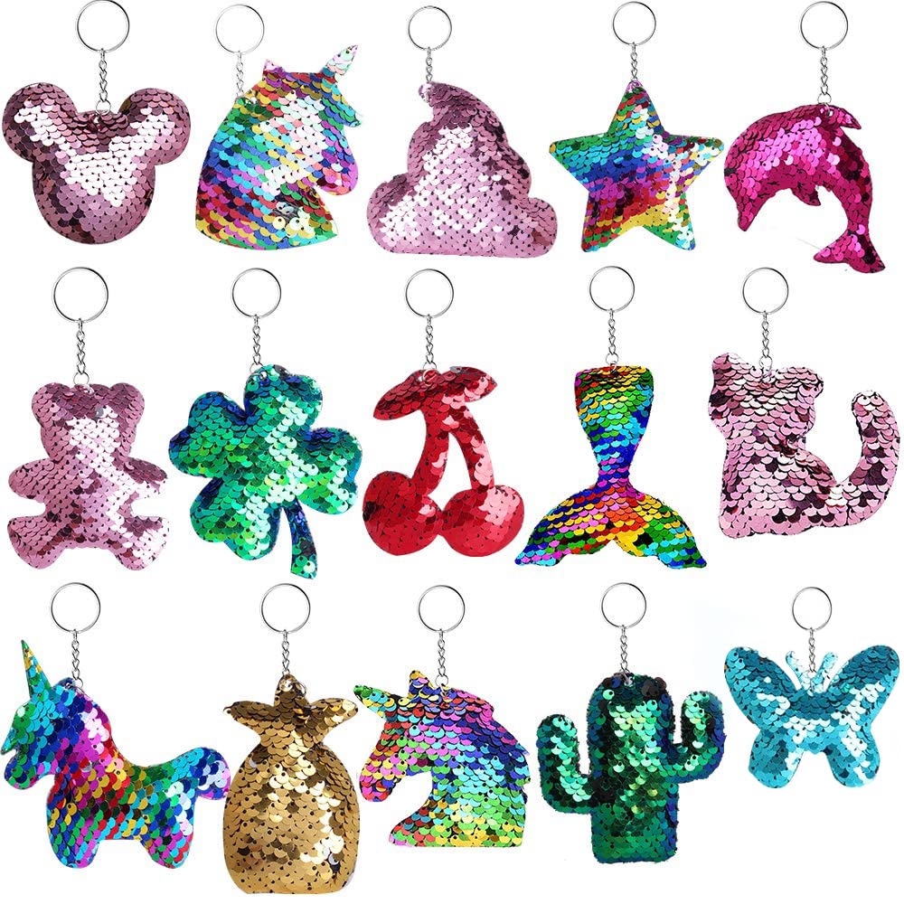 Outee Sequin Keychain 15 Pcs Flip Sequin Keychain for Mermaid Tail Clover Cat Animals Shape Christmas Gift Party Favors for Kids Adults Party Favors Gift Back to School Gifts 15 Different Designs