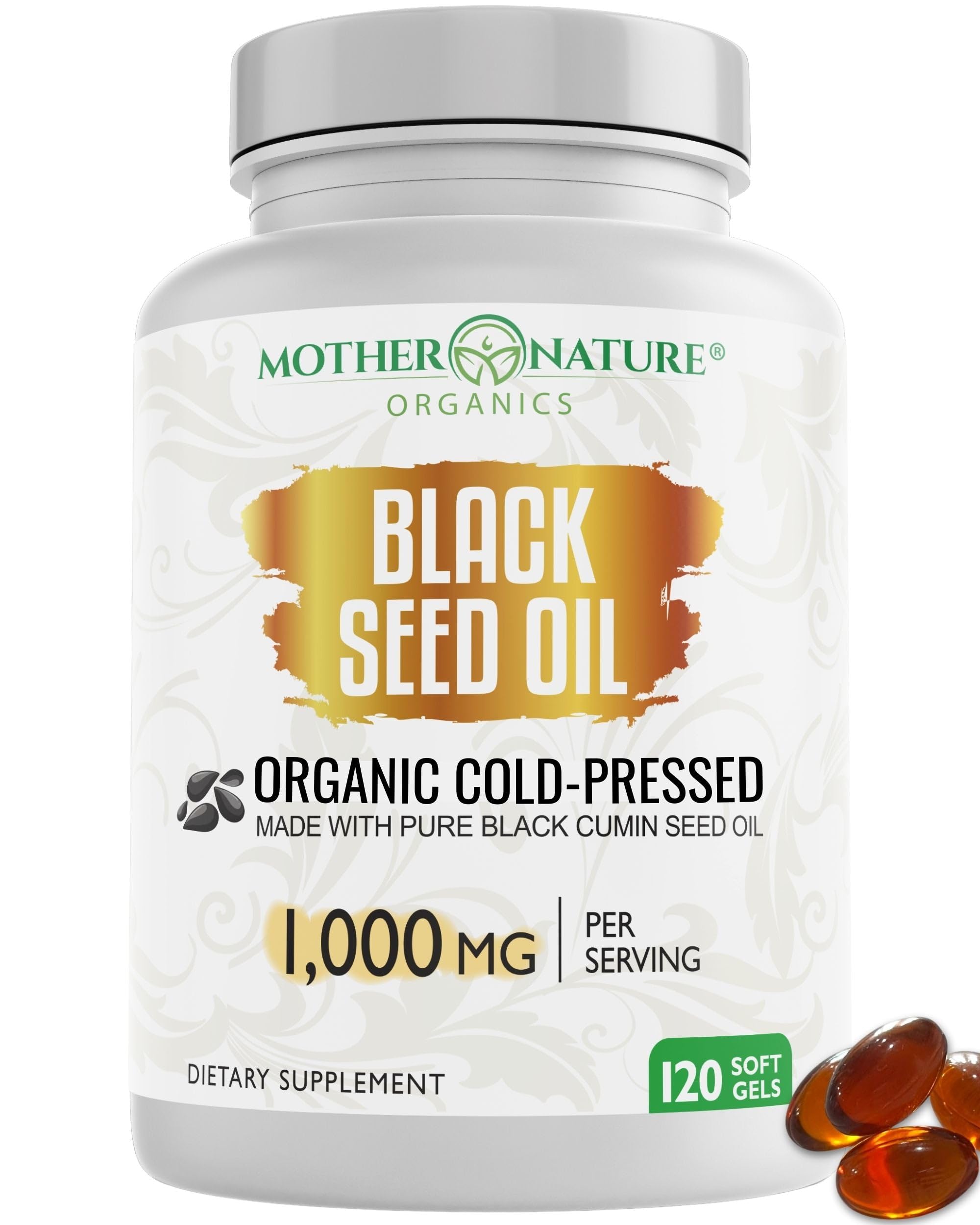 Mother Nature Black Seed Oil Capsules - Organic Cold-Pressed Cumin Nigella Sativa - Blackseed Liquid Cumin Oil for Immune Support & Digestion - High Thymoquinone TQ with Omega 3,6, & 9 - (120 Caps)