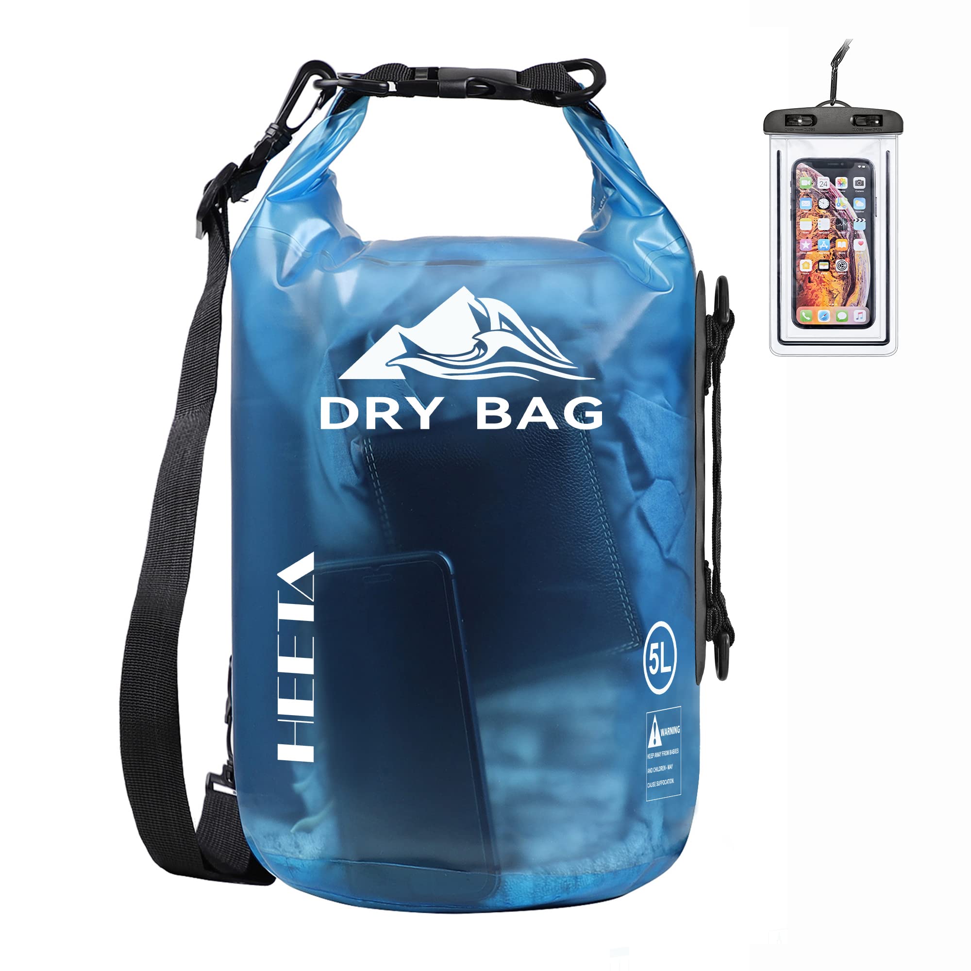 HEETA Dry Bag Waterproof for Women Men, 5L/10L/20L/30L/40L Roll Top Lightweight Dry Storage Bag Backpack with Phone Case for Travel, Swimming, Boating, Kayaking, Camping & Beach, 11 Transparent Colors