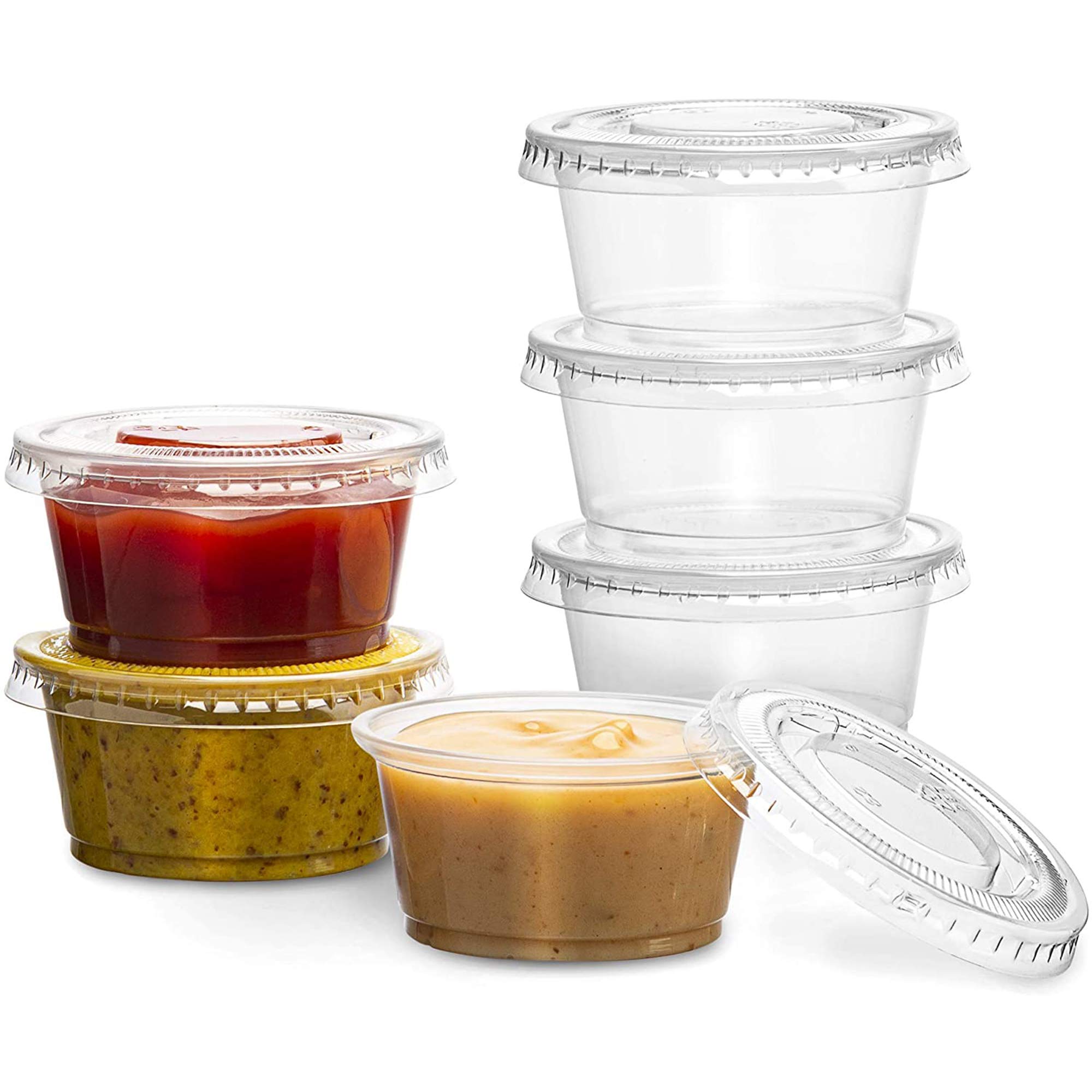 MARKQ [100 Pack] 2 oz. Clear Plastic Disposable Portion Cups with Lids- Available in 1oz, 4oz- Souffle Cups, Jello Shot Cups, Medicine Cups