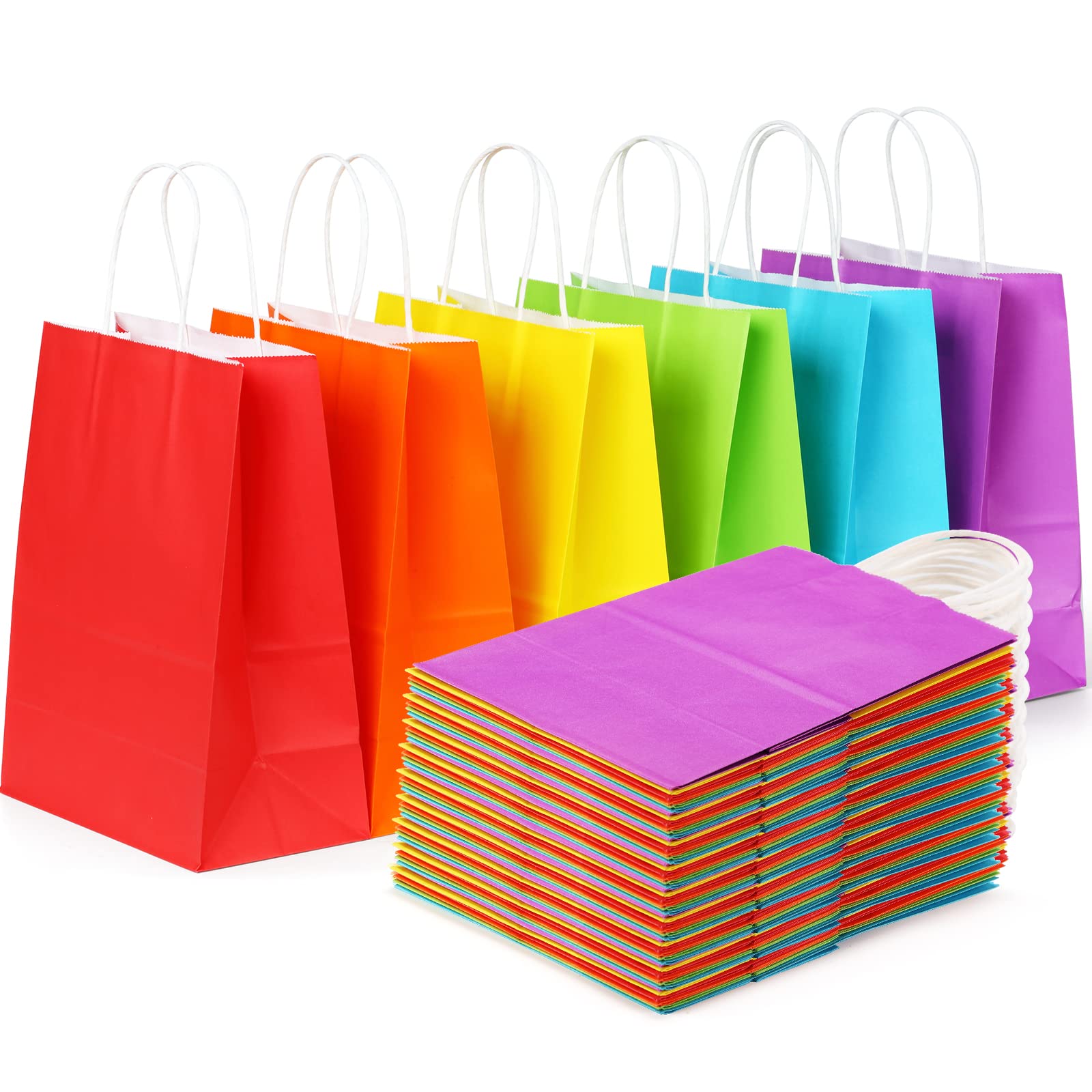 SHOPDAY 36 PCS Party Favor Bags 8x4.25x10.5 Gift Bags with Handles Bulk, Rainbow Kraft Paper Bags Goodie Bags 6 Assorted Colors Birthday Gift Bags Medium Sizes for Kids Wedding Craft Baby Shower Christmas