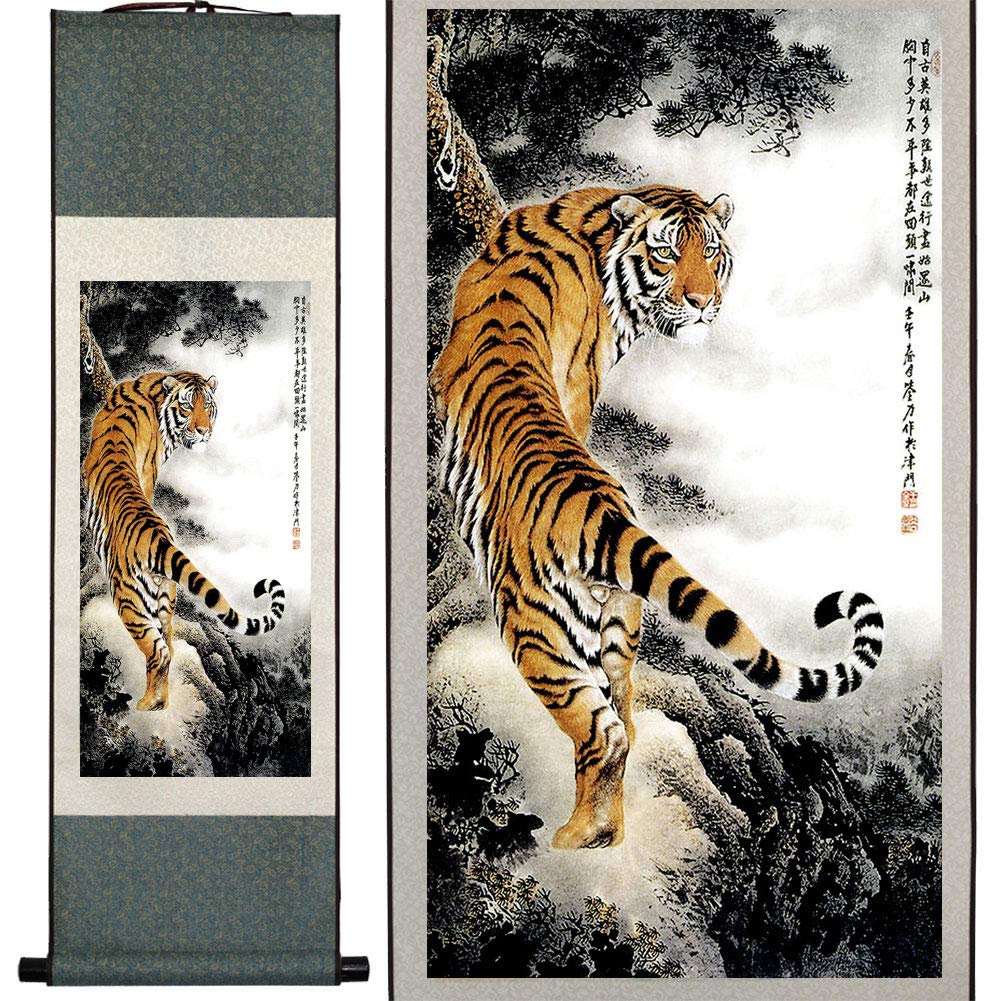 Asian Silk Scroll & Picture Scroll & Wall Scroll Calligraphy Hanging Artwork (Tiger)