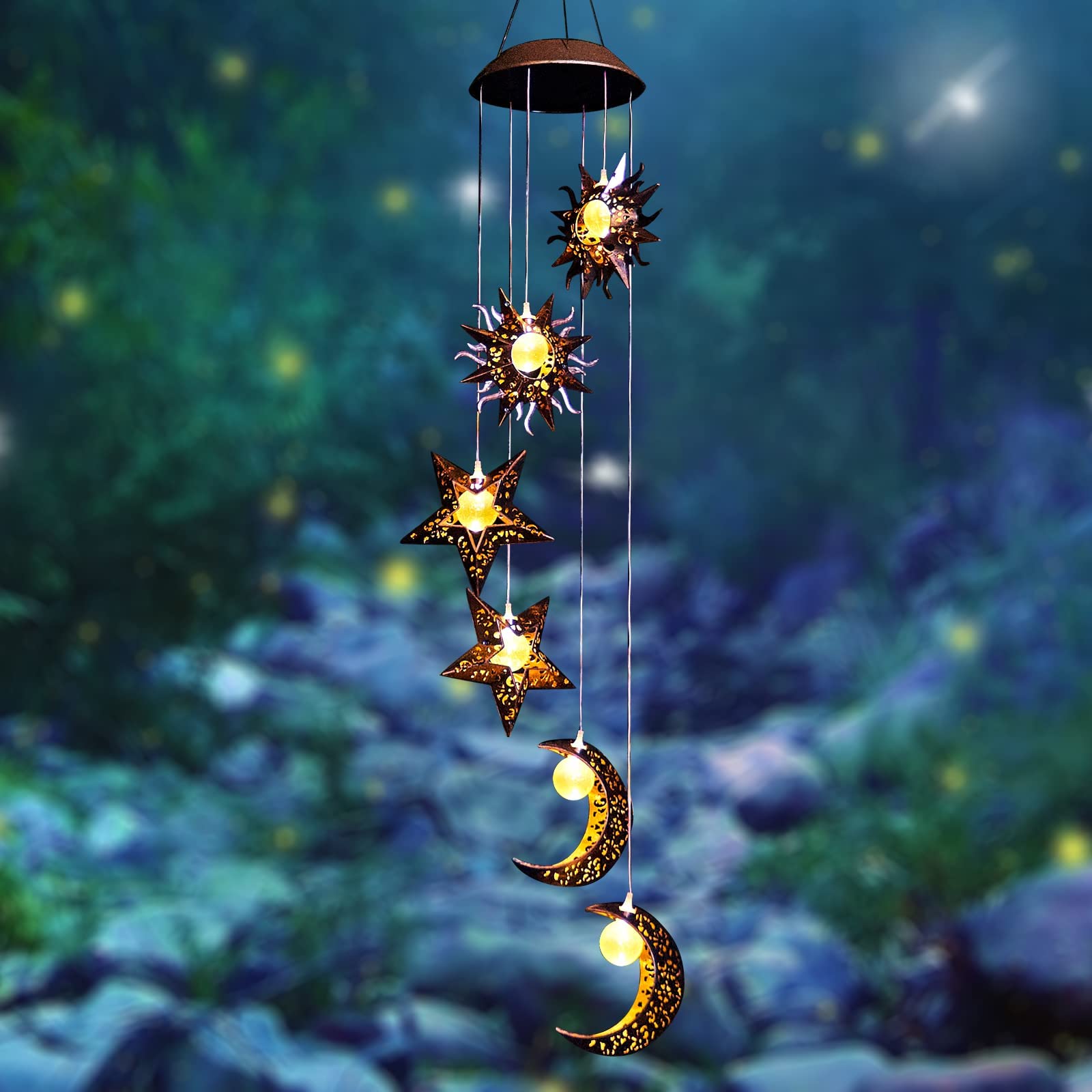 Solar Powered Wind Chimes with Sun Moon Star Warm LED Windchimes Hanging Outdoor Lights Unique Decor Gifts for Wife Mom Grandma Neighbors