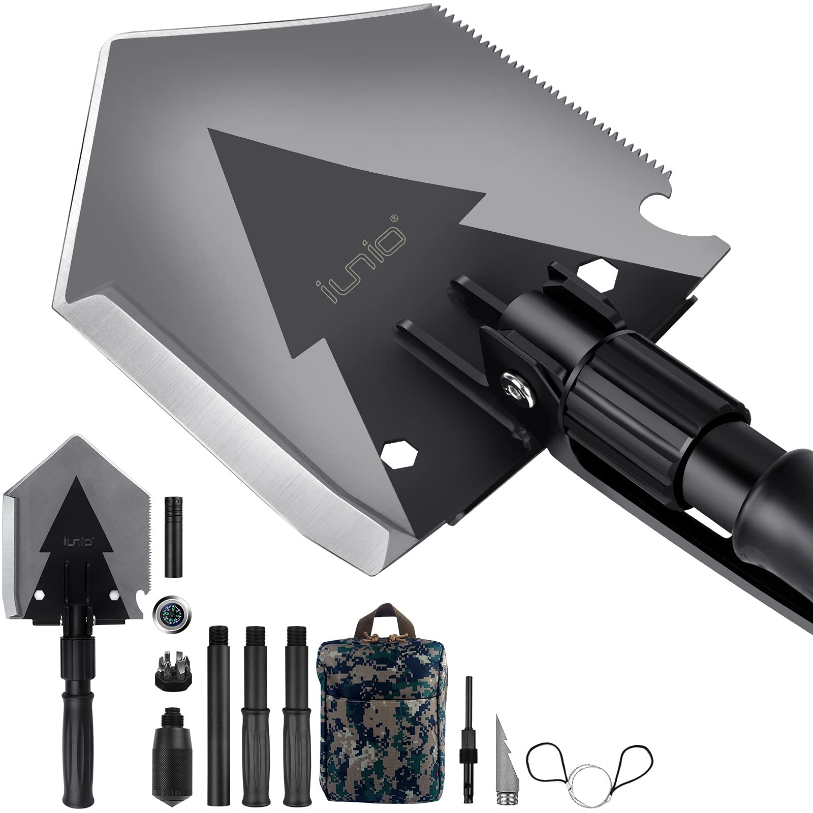 iunio 38inch Survival Folding Shovel with Handle Lock Design, Portable Entrenching Tool, Foldable Camping Multitool, Tactical Collapsible Spade for Hiking, Backpacking, Offroading, Car Emergency