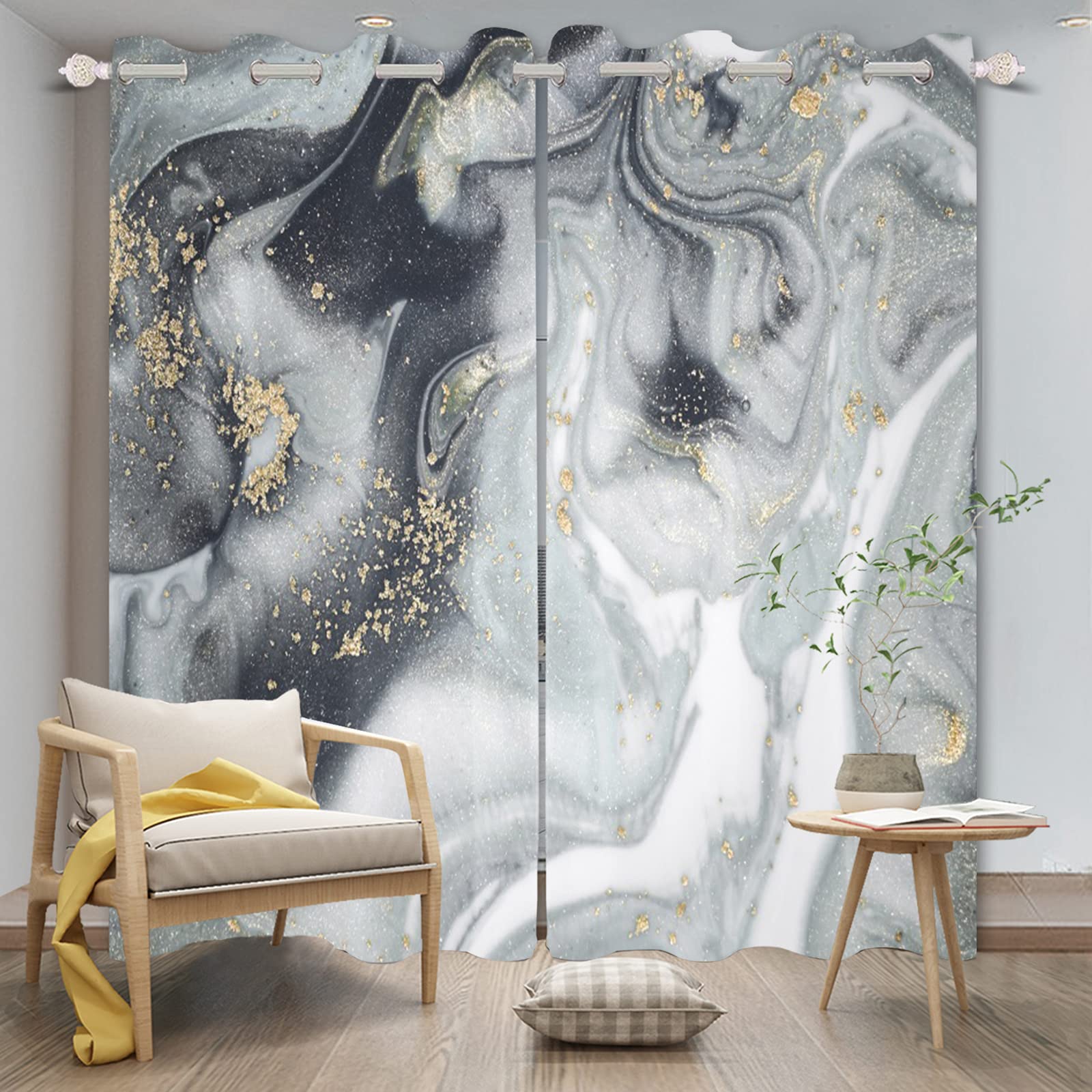 DORCEV Marble Curtains Decor Marble Texture Window Curtains for Bedroom Living Room Ink Printing Gold Dust Grey and Black Modern Abstract Art Window Drapes Grommets Top,52x63 inch,2 Panels