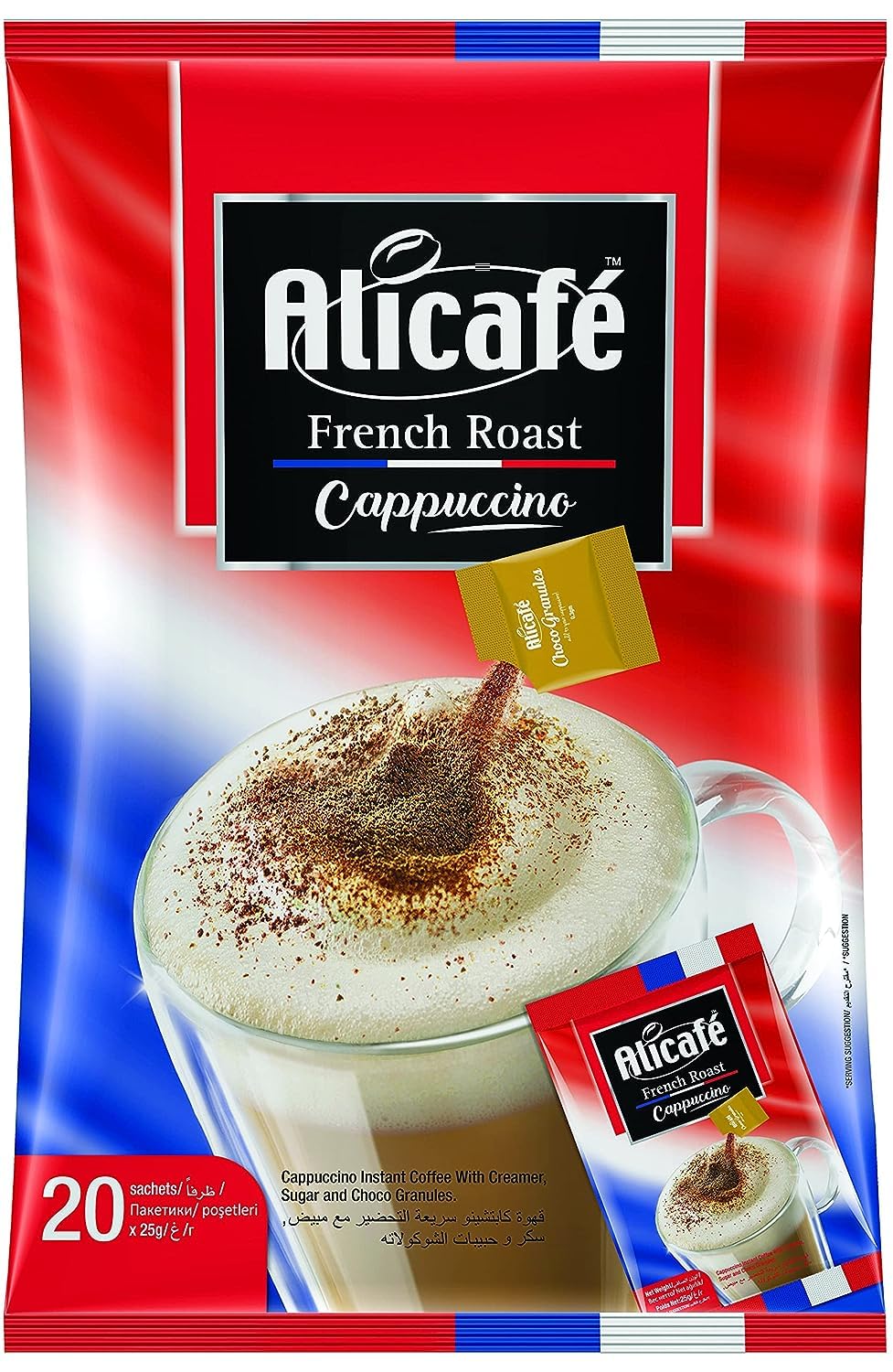 Alicafe French Roast Cappuccino Instant Coffee with Creamer and Sugar Choco Granules - 20 Sachets 500g (Imported)