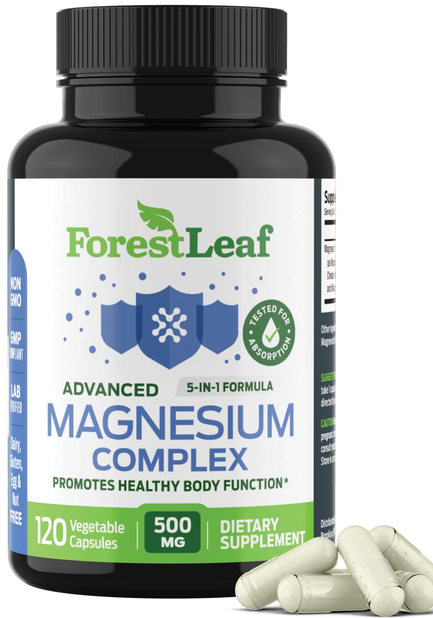 ForestLeaf Magnesium Complex 500mg - Magnesium 500mg Capsules - Magnesium Supplement 500 mg - Magnesium for Sleep, Magnesium for Constipation - Magnesium Supplement for Women (120 Ct)