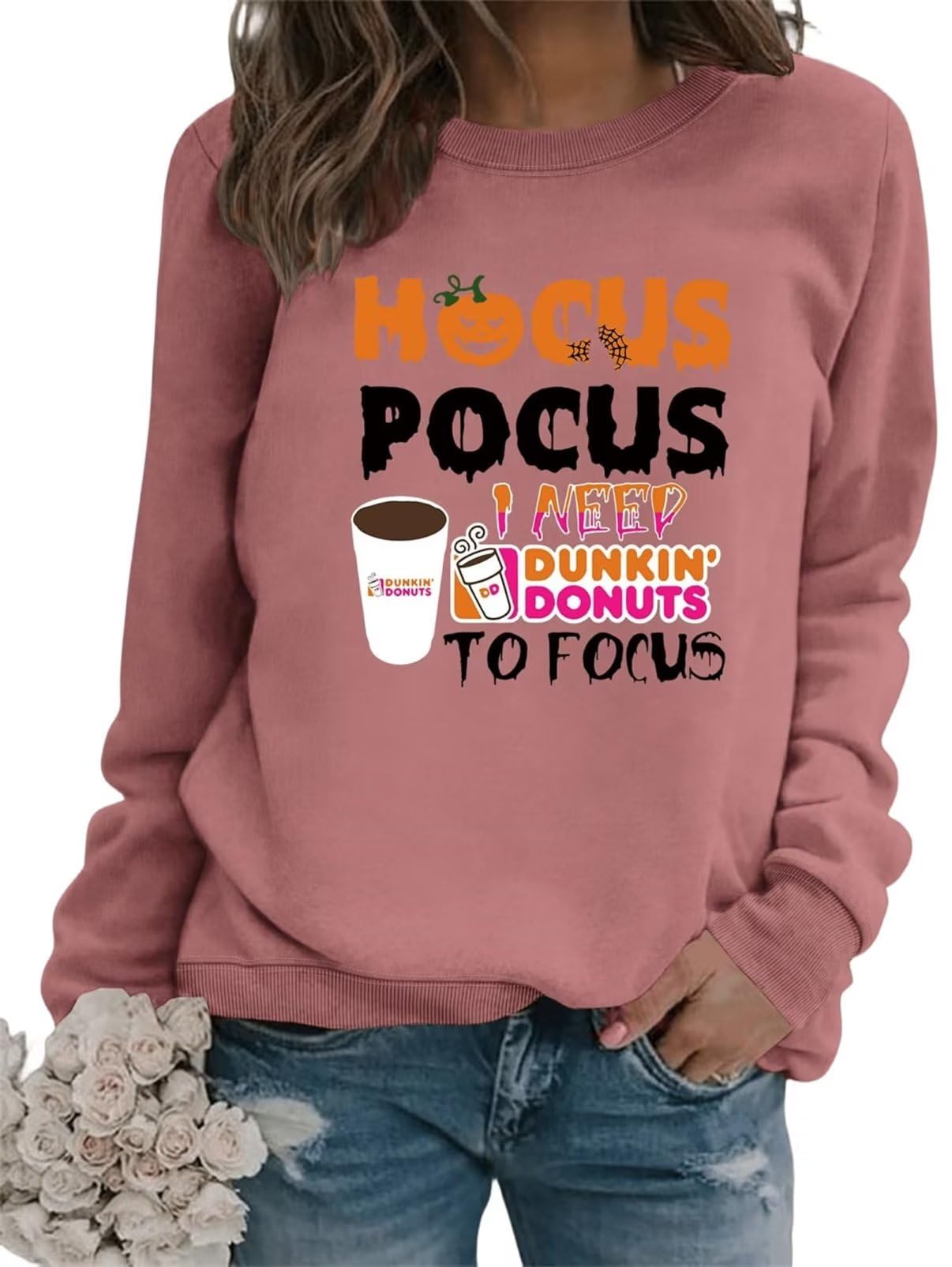 DUDIHOHX Halloween Women Sweatshirt I Need Donuts to Focus Funny Print Graphic Casual Long Sleeve Pullover Top