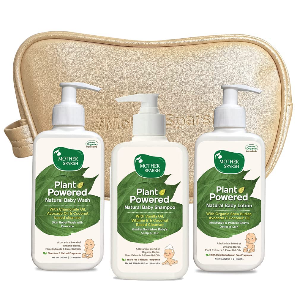 Mother SparshCombo Pack of Plant Powered Baby Wash, Baby Shampoo and Baby Lotion, 200ml Each (with Free Emerald Bag)