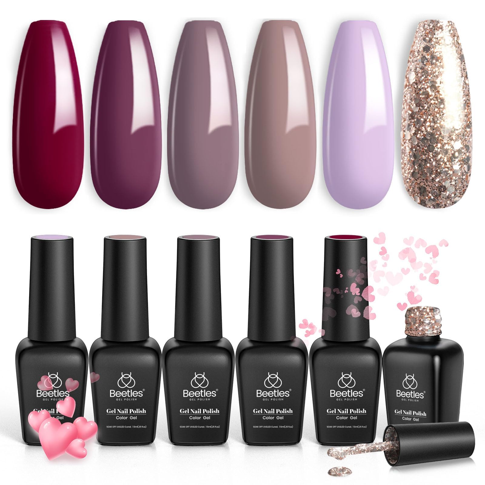 beetles Gel Polish- 6 Colors Mauve Lilac Maroon Purple Red Glitter Gold Gel Nail Polish Set Soak Off Uv LED Gel Nail Kit Nail Art Manicure Salon DIY at Home Gift for Women