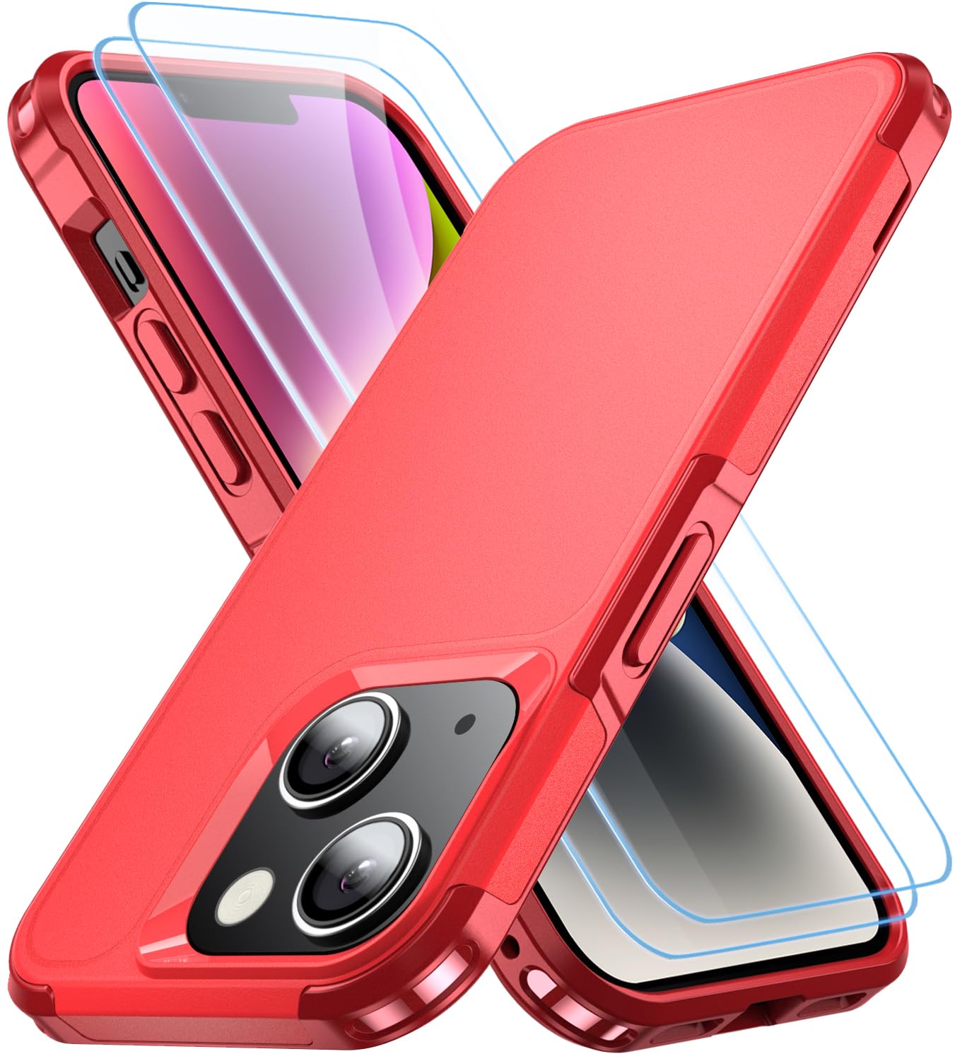 AEDILYS Shockproof for iPhone 14 Case/iPhone 13 Case,[15 FT Military Grade Drop Protection],with 2X [Tempered Glass Screen Protector ] Slim & Tough Full-Body Protective Phone Case,Red