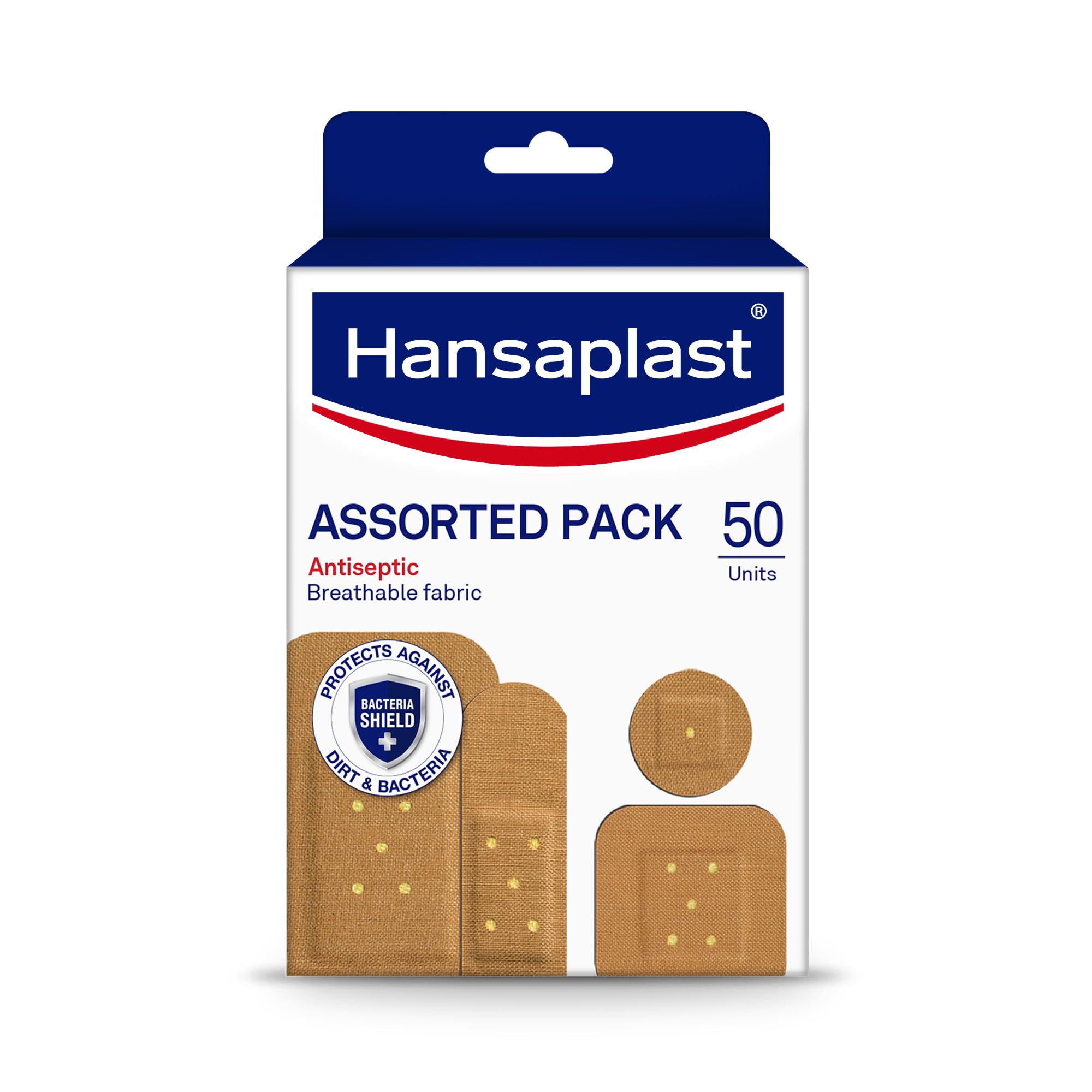 Hansaplast Antiseptic Plasters in Various Shapes & Sizes | Pack of 50 Units | First Aid kit | Breathable fabric | Home Essential Kit | Antiseptic Wound Pad