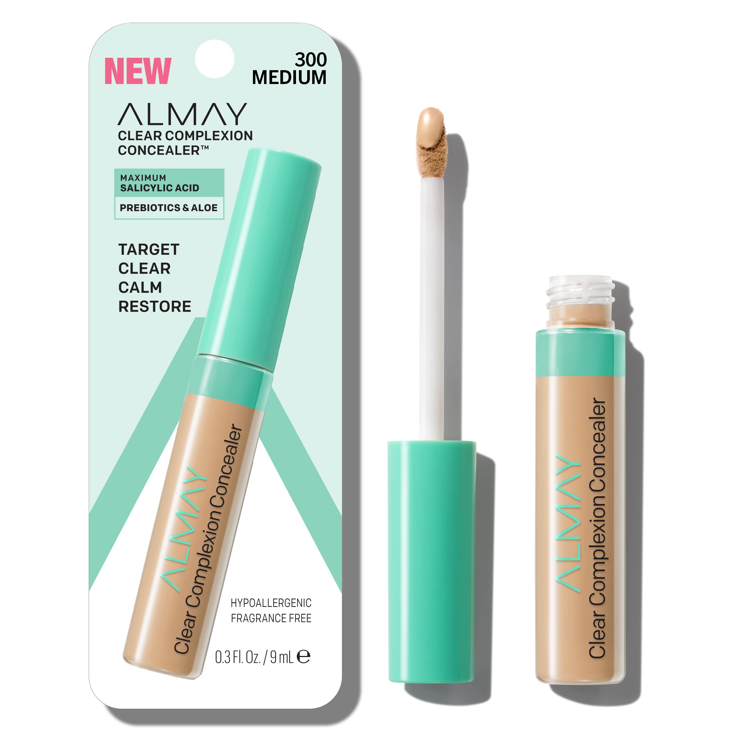 AlmayClear Complexion Acne & Blemish Spot Treatment Concealer Makeup with Salicylic Acid- Lightweight, Full Coverage, Hypoallergenic, Fragrance-Free, for Sensitive Skin, 300 Medium, 0.3 fl oz.