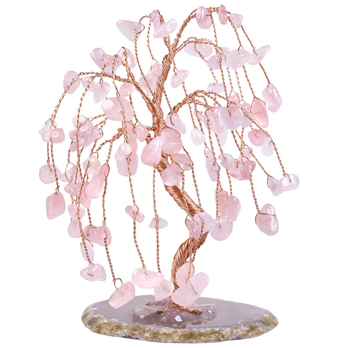 SUNYIK Handmade Rose Quartz Crystal Money Tree Set on Natural Agate Slice Base, Tree of Life Healing Crystals Chip Stone Bonsai Decoration Ornaments for Wealth and Lucky