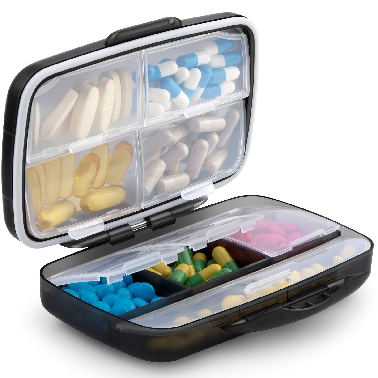 FulliconMoisture Proof Medicine Organizer, XL Pill Organizer with Strong Hinge, Spill Proof Pill Box with Secure Lock, Travel Medicine Box, Medicine Organizer Box Storage Container with Label (Black)