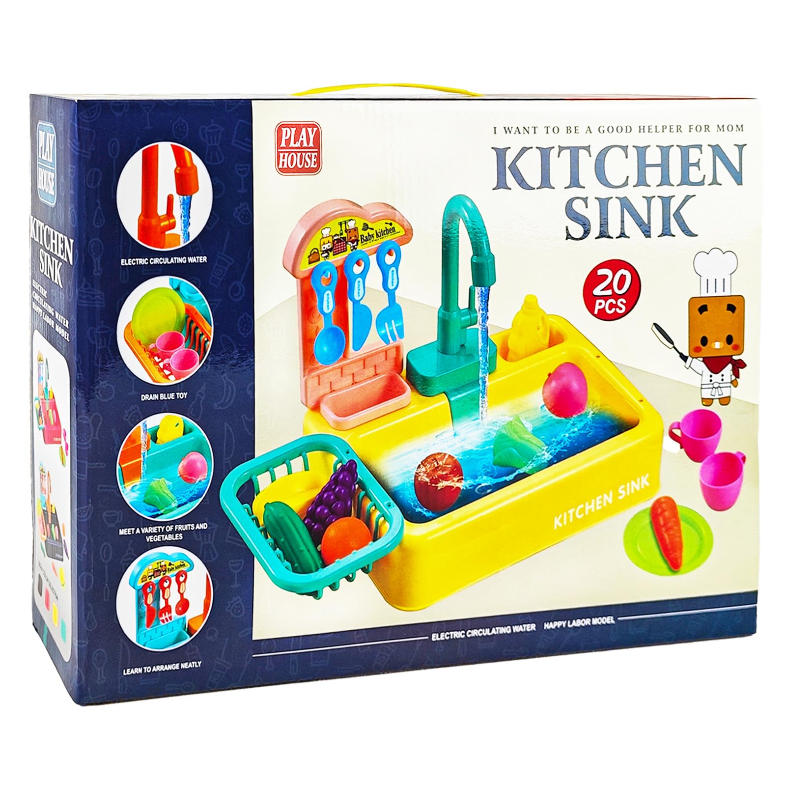 Yileqi Kids Pretend Play Kitchen Sink Toys with Cyclic Running Water, Dishwasher Playing Toy with Realistic Dish Rack & Play Food, Utensils Tableware Accessories for Girls Toddlers