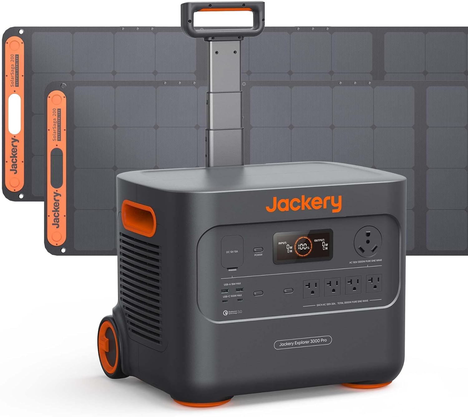 JackerySolar Generator 3000 PRO 400W, 3024Wh Power Station with 2x200W Solar Panels, Fast Charging in 2.4 Hours, Intelligent BMS, 2xPD 100W Ports for RV Outdoor Camping & Power Outages Black, Orange