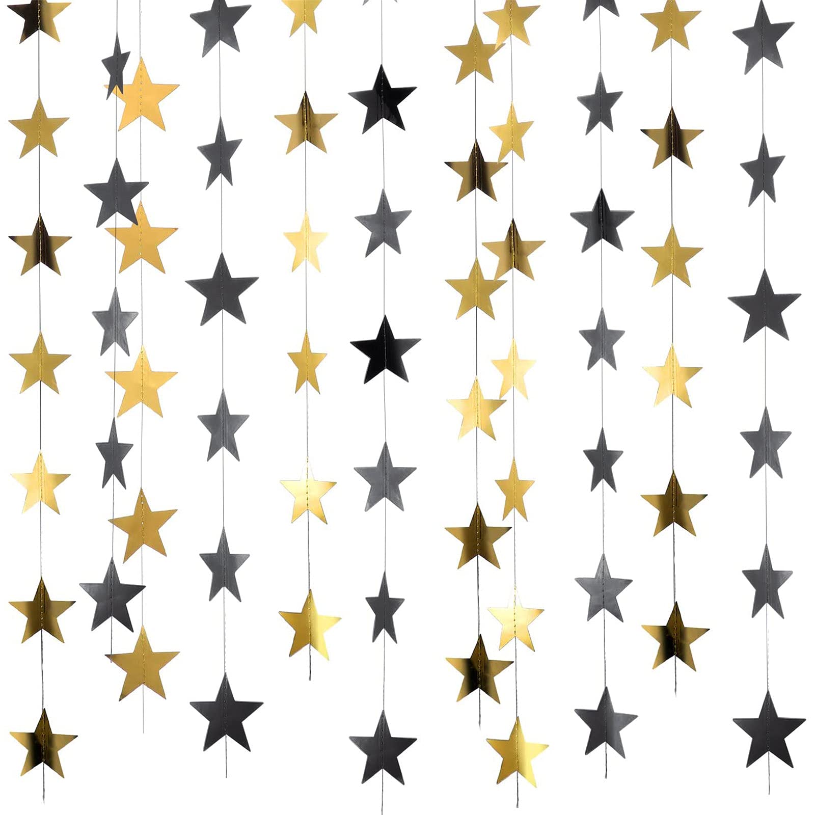 Patelai 130 Feet Glitter Star Garland Banner Decoration Hanging Star Decoration Gold Black Star Backdrop for Christmas 2024 New Year Graduation Wedding Birthday Festival Party Decor(Gold and Black)