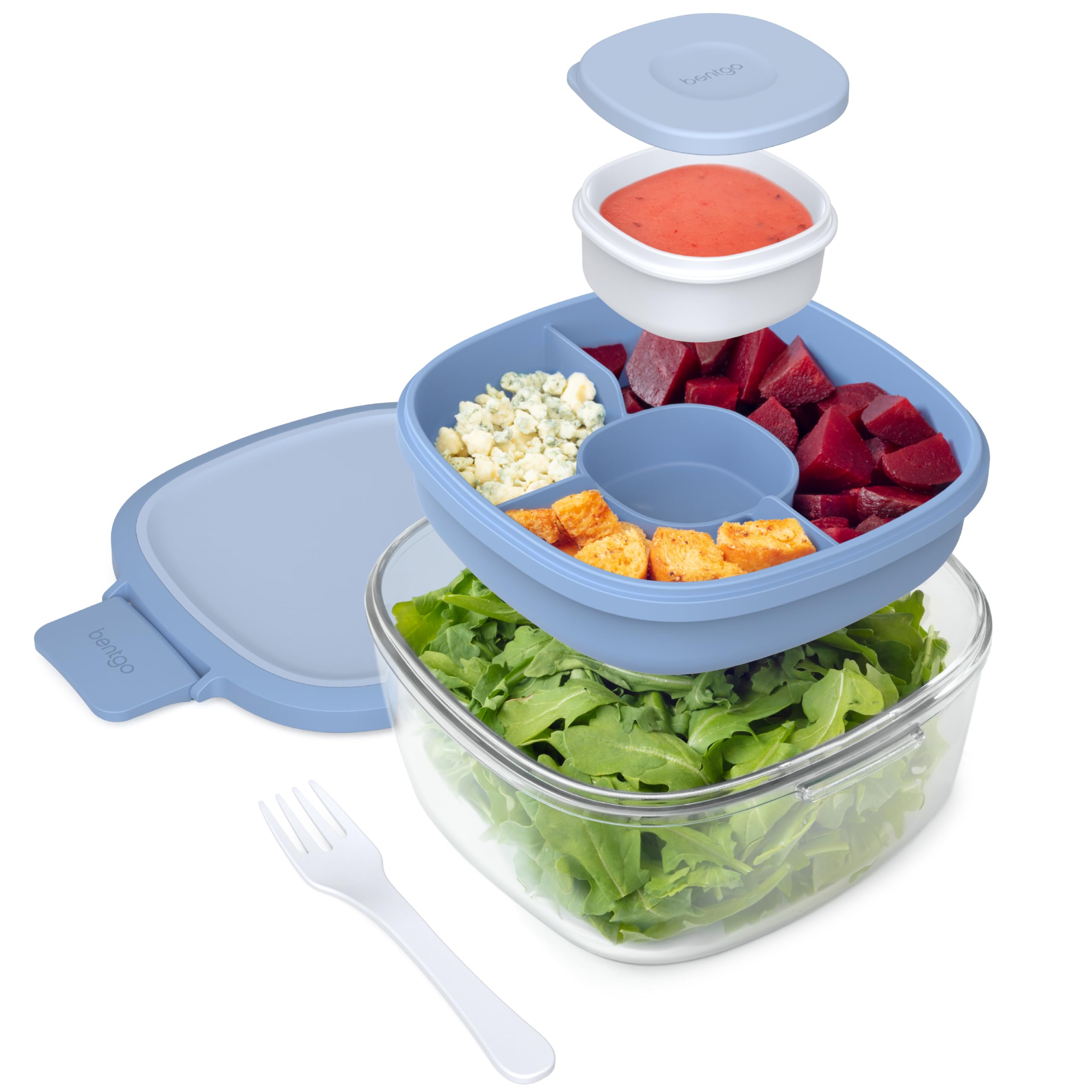 Bentgo Glass All-in-One Salad Container - Large 61-oz Salad Bowl with Lid, 4-Compartment Bento-Style Tray, 3-oz Sauce Container, and Reusable Fork - Dishwasher, Microwave, and Oven Safe (Light Blue)