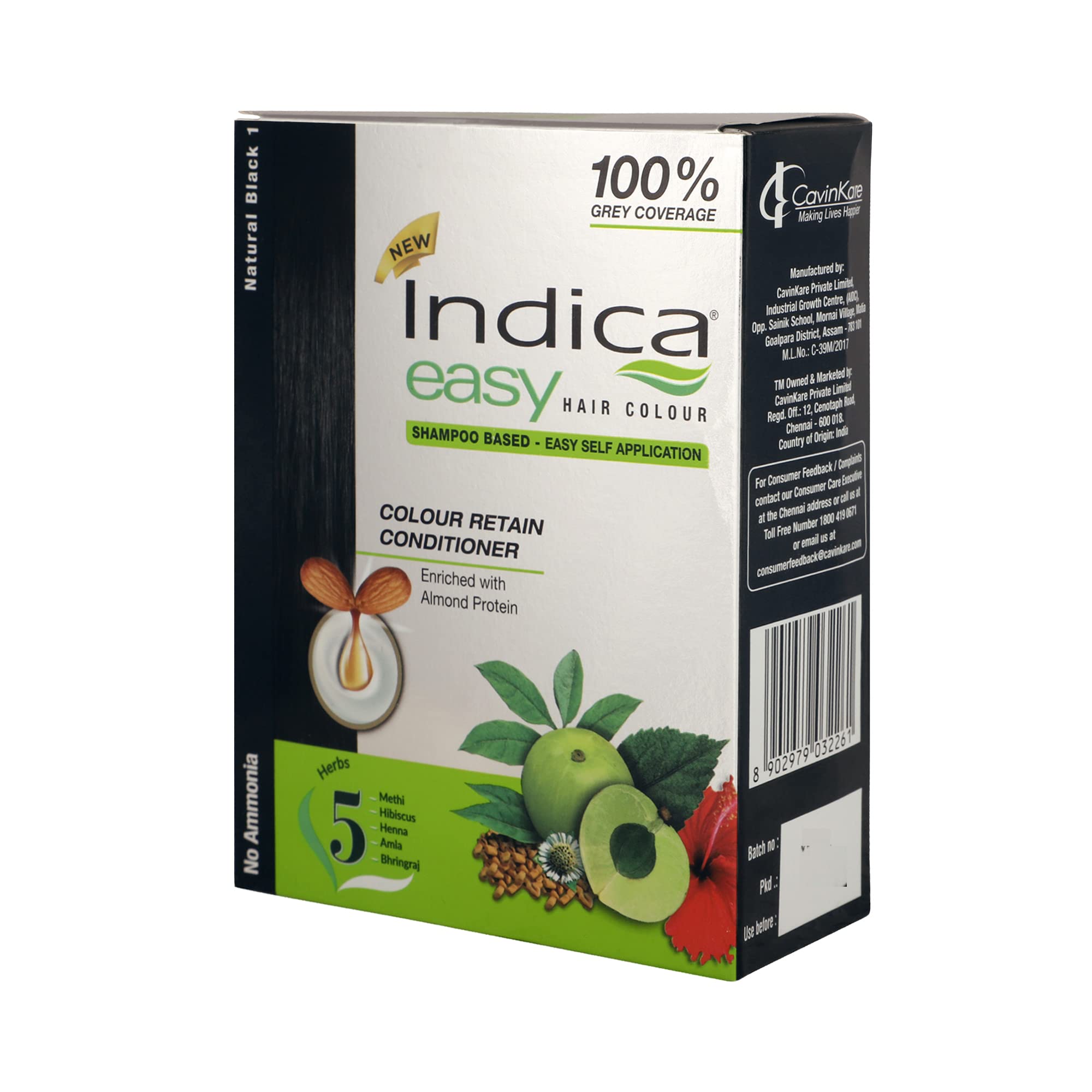 IndicaEasy Shampoo Based Hair Colour (Natural Black 1) With Amla, Henna And Hibiscus Extracts (Pack Of 3, 32.5ml Each)