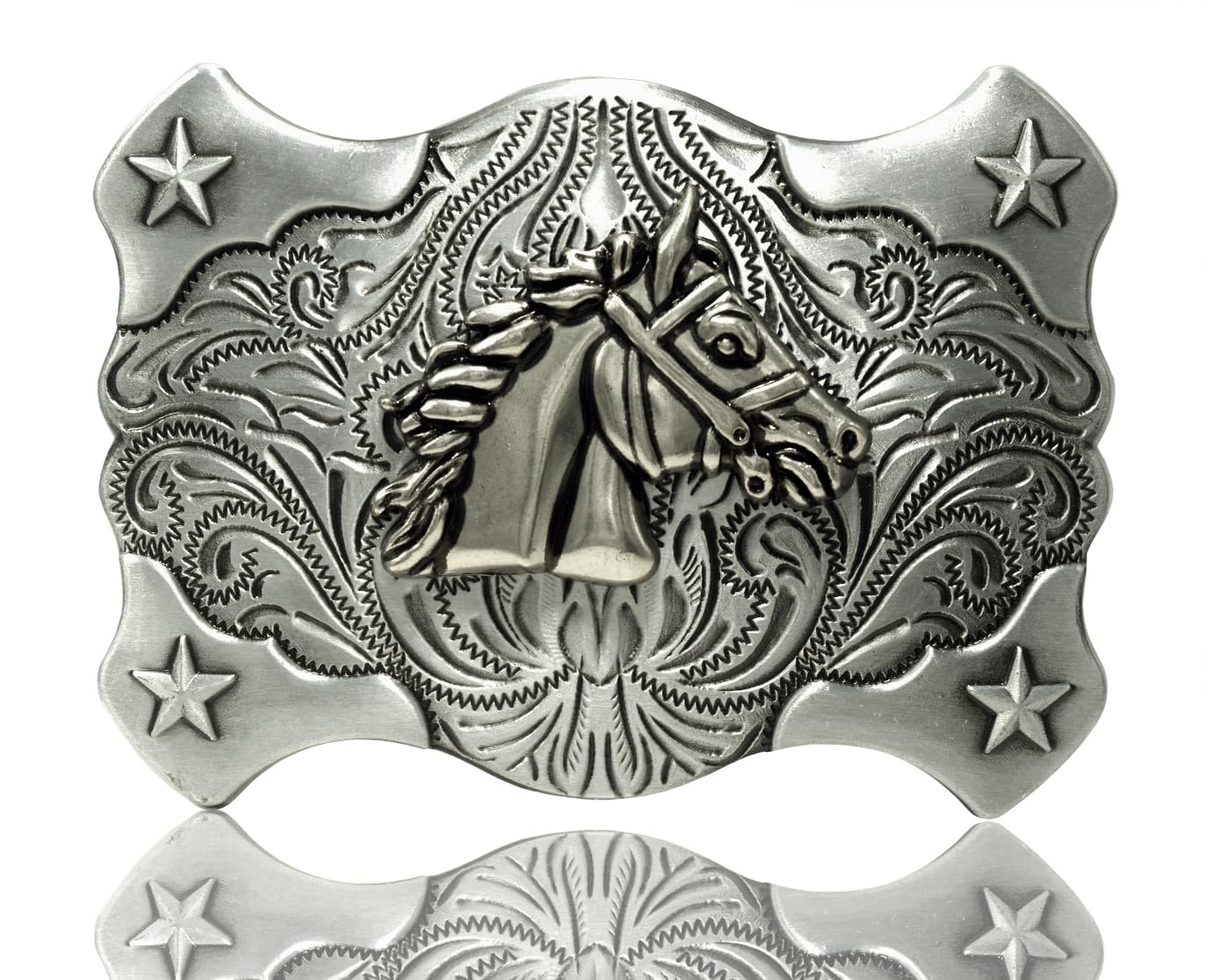 MoranseCowboy Western Belt Buckle With Silver Horse Head Engraved Pattern Design