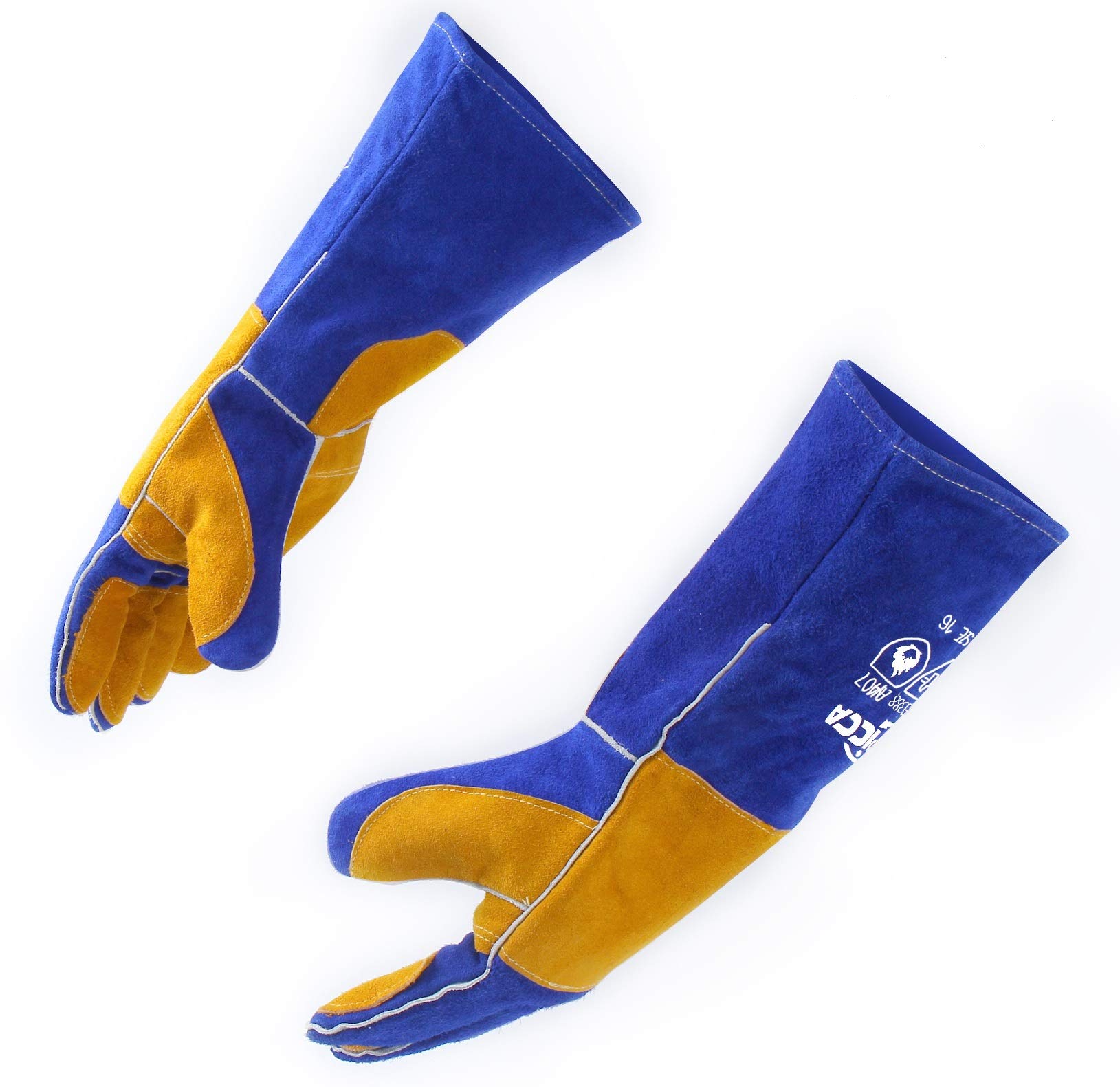 RAPICCA Welding Gloves Fire Heat Resistant: Blue 16IN 932℉ - Fireproof Leather For Stick Mig Flux-Core Welder Forge Blacksmith Fireplace Wood Stove Fire Pit Furnace Handling Dry ice - One Size