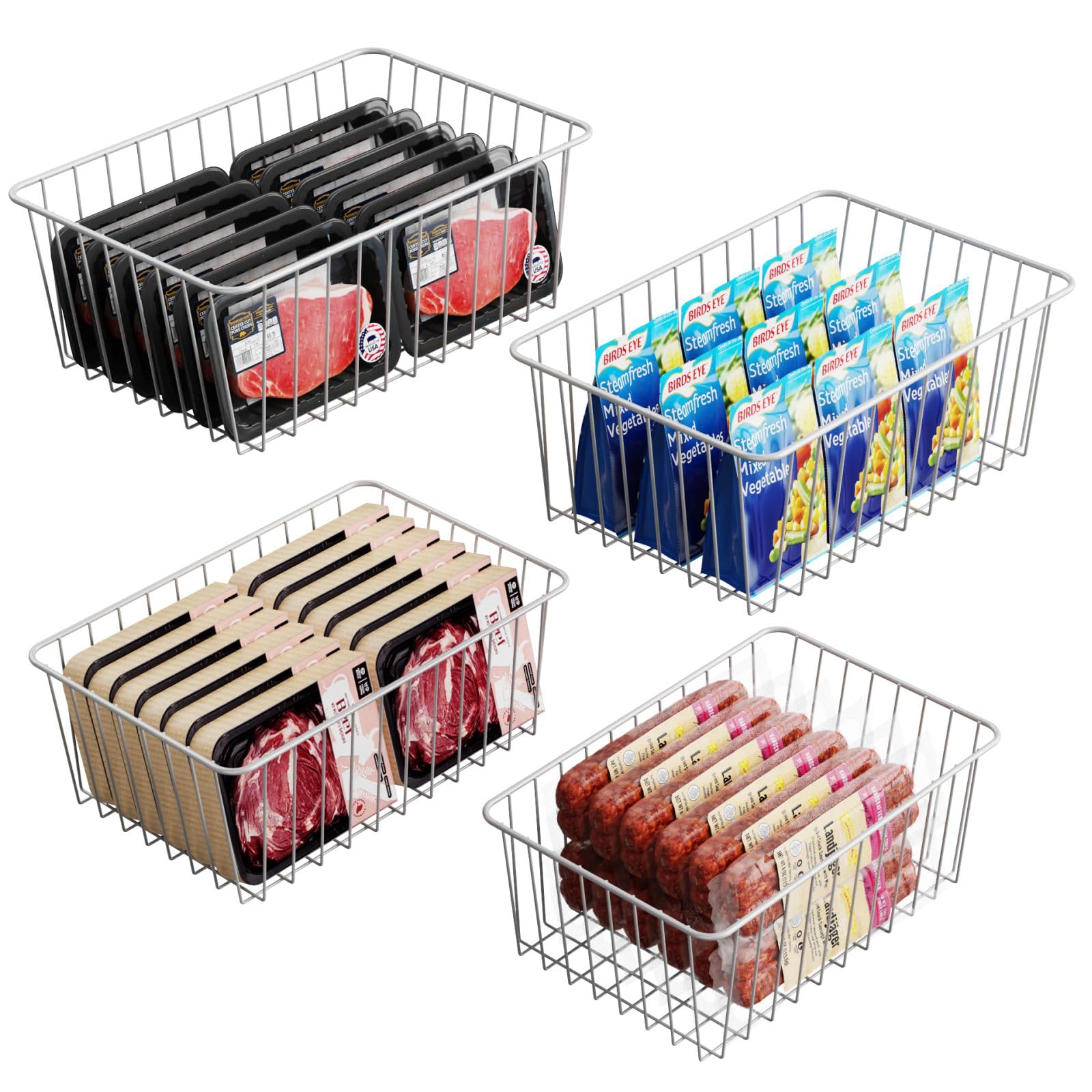 iSPECLE Freezer Organizer Bins - 4 Pack Medium Upright Freezer Baskets for 14 to 15.5 cu.ft Stand up Freezer, Easily Sort and Get Food, Air Circulation Stop Food Sliding out from Freezer, White