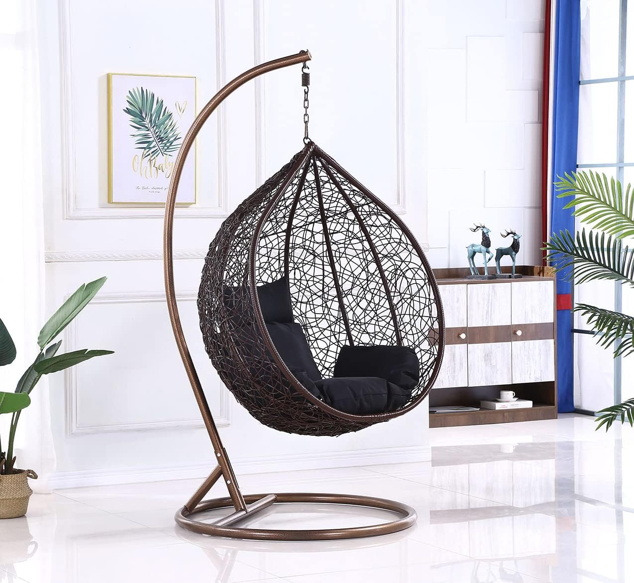 Karnak Indoor Outdoor Patio Wicker Hanging Chair Swing Egg Basket Chairs with Stand UV Resistant Cushions 120kg Capacity for Patio Backyard Balcony Random Color Cushions (BROWN - WITH ASSEMBLY)