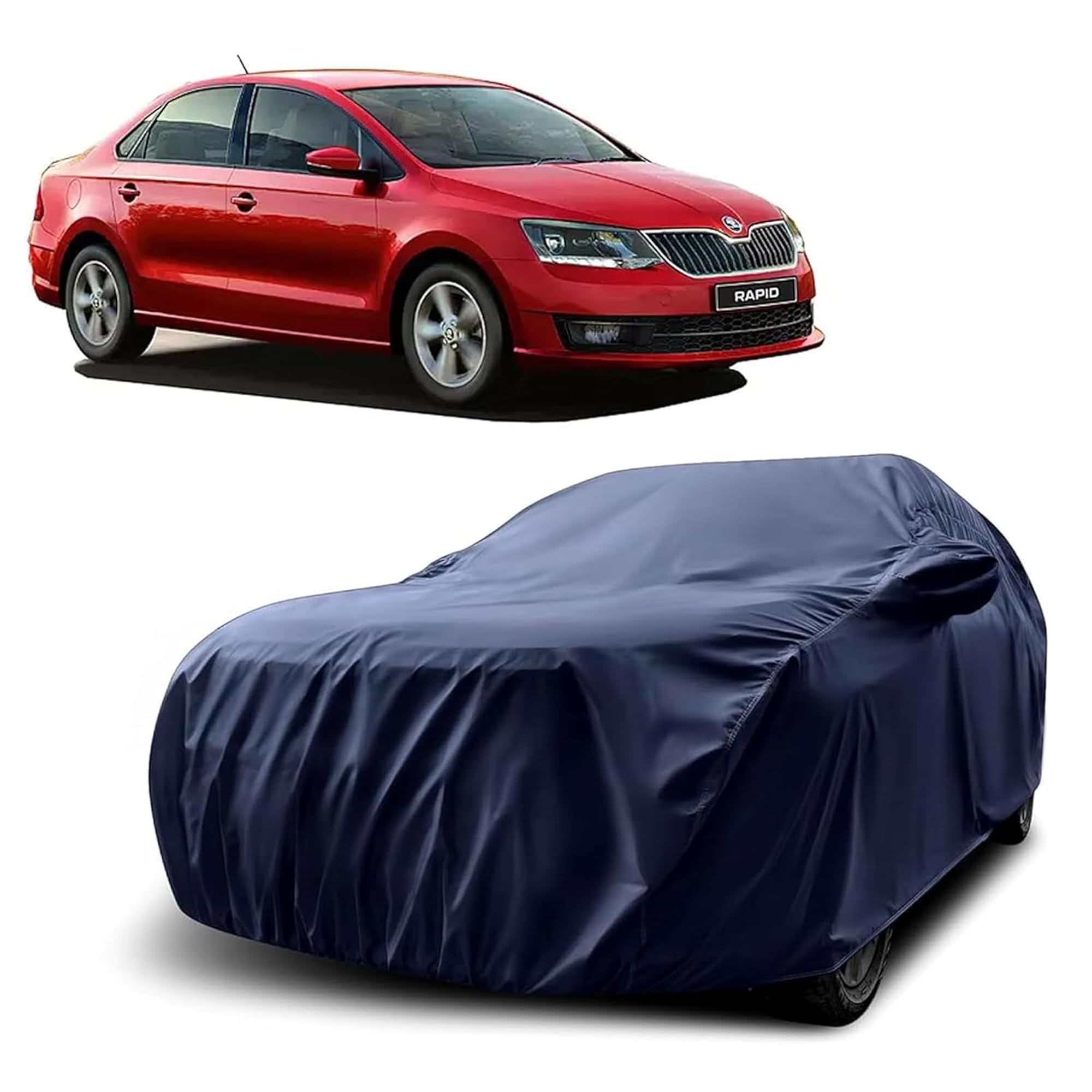 Sulfar 100% Water Resistant Car Body Cover Compatible with Mirror for Skoda Rapid (Triple Stitched, Full Bottom Elastic, Navy Blue)