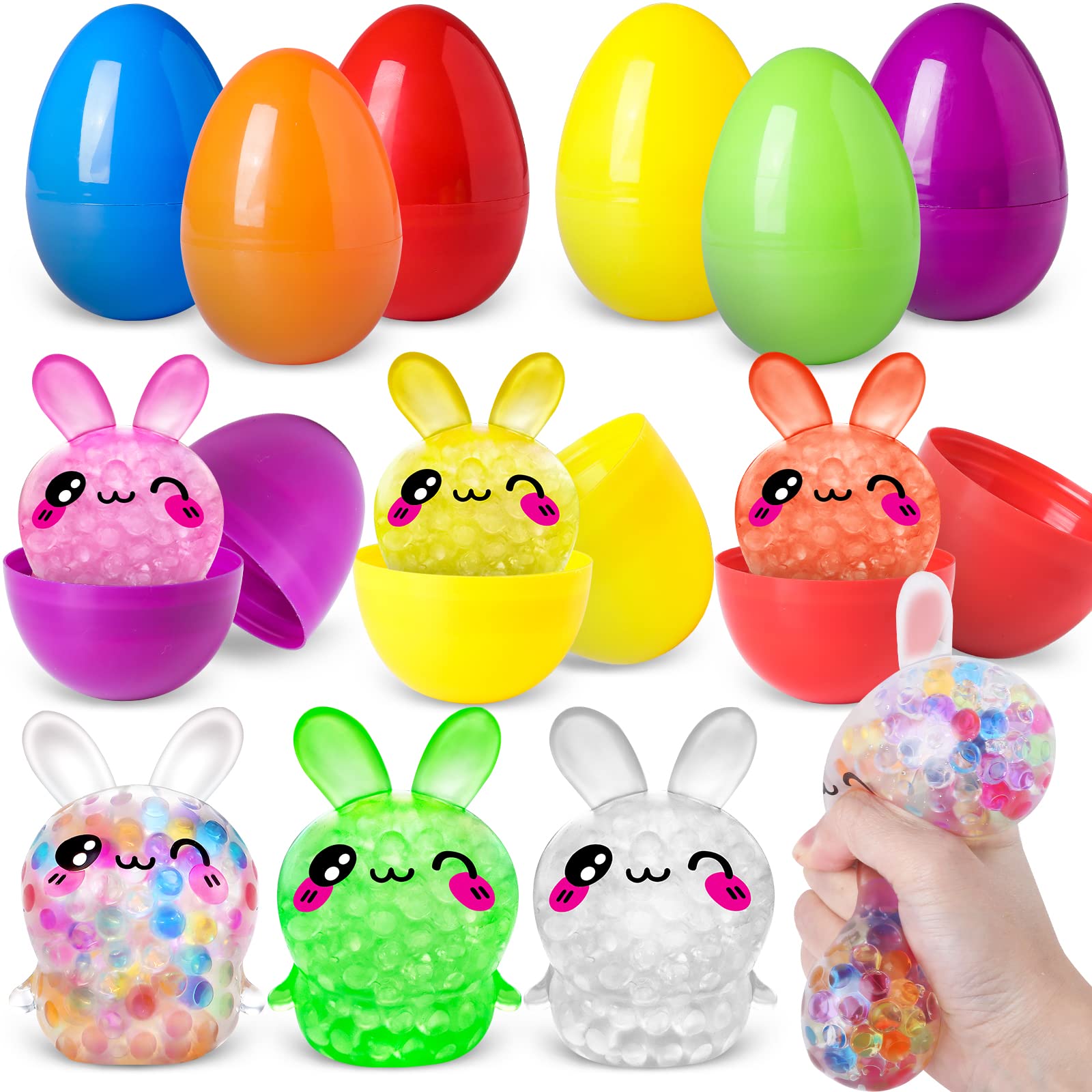 6 Pack Prefilled Easter Eggs with Bunny Squeeze Toys for Easter Basket Stuffers, Stress Relief Fidget Toys Filled with Water Beads for Easter Egg Hunt, Kids Easter Party Favor Gifts