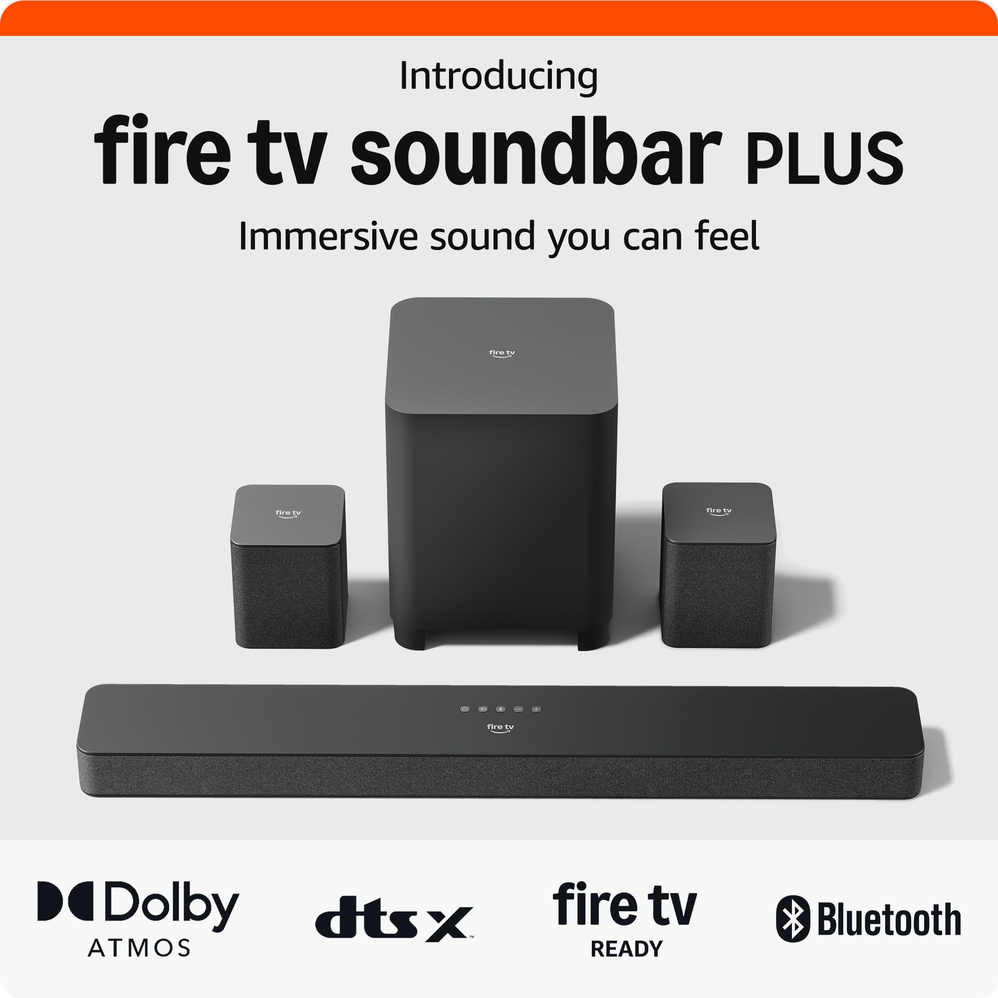 Introducing Amazon Fire TV Soundbar Plus with subwoofer and surround sound speakers, 5.1 channel, Dolby Atmos, clear dialogue, 2024 release