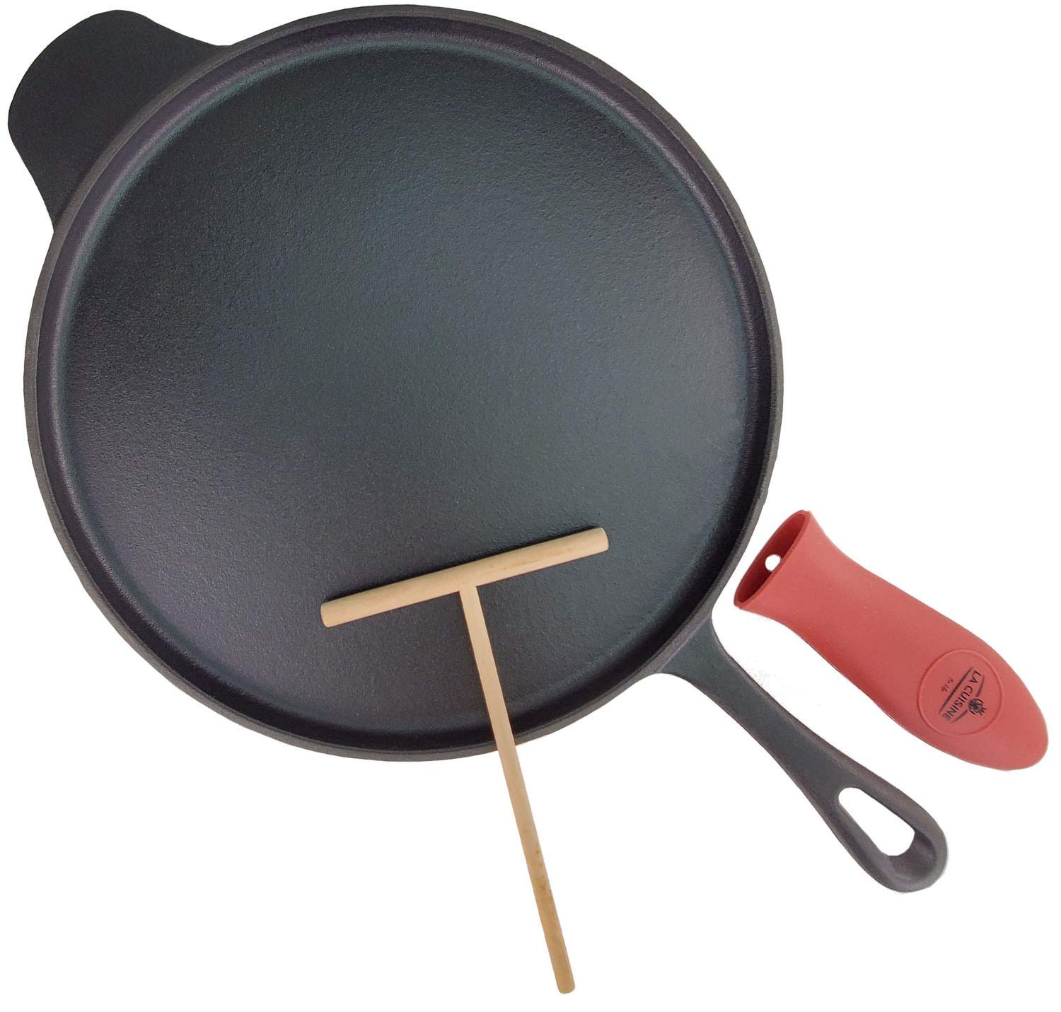 La Cuisine Cast Iron 30cm Crepe Pan Tawa Dosa Tortilla Pan with Wood Spreader Heat Insula Handle Sleeve Matte Black Enamel Coating PFOA Free