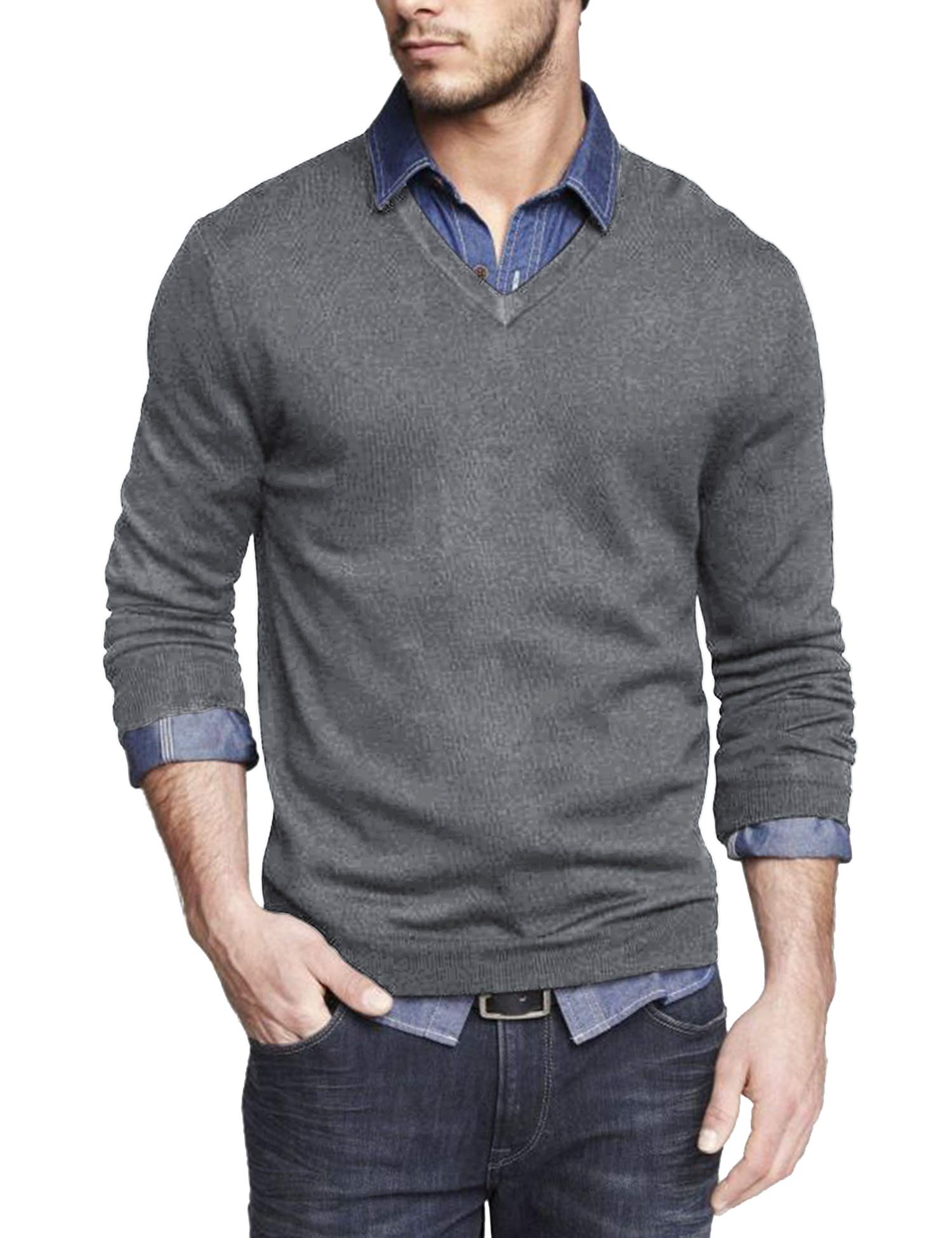 Men Casual V Neck Sweater Ribbed Knit Slim Fit Long Sleeve Pullover Top