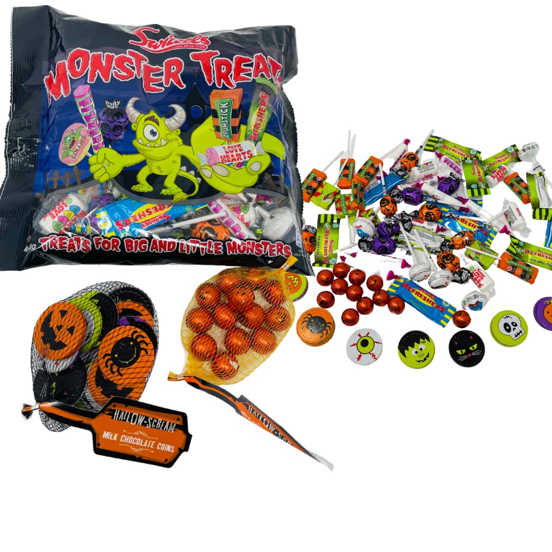 Swizzels Halloween Monster Treats Sweet Mix 480g with Chocolate Coins and Chocolate Pumpkin - Perfect for Trick or Treat - A mix of swizzels monster sweets and lollies