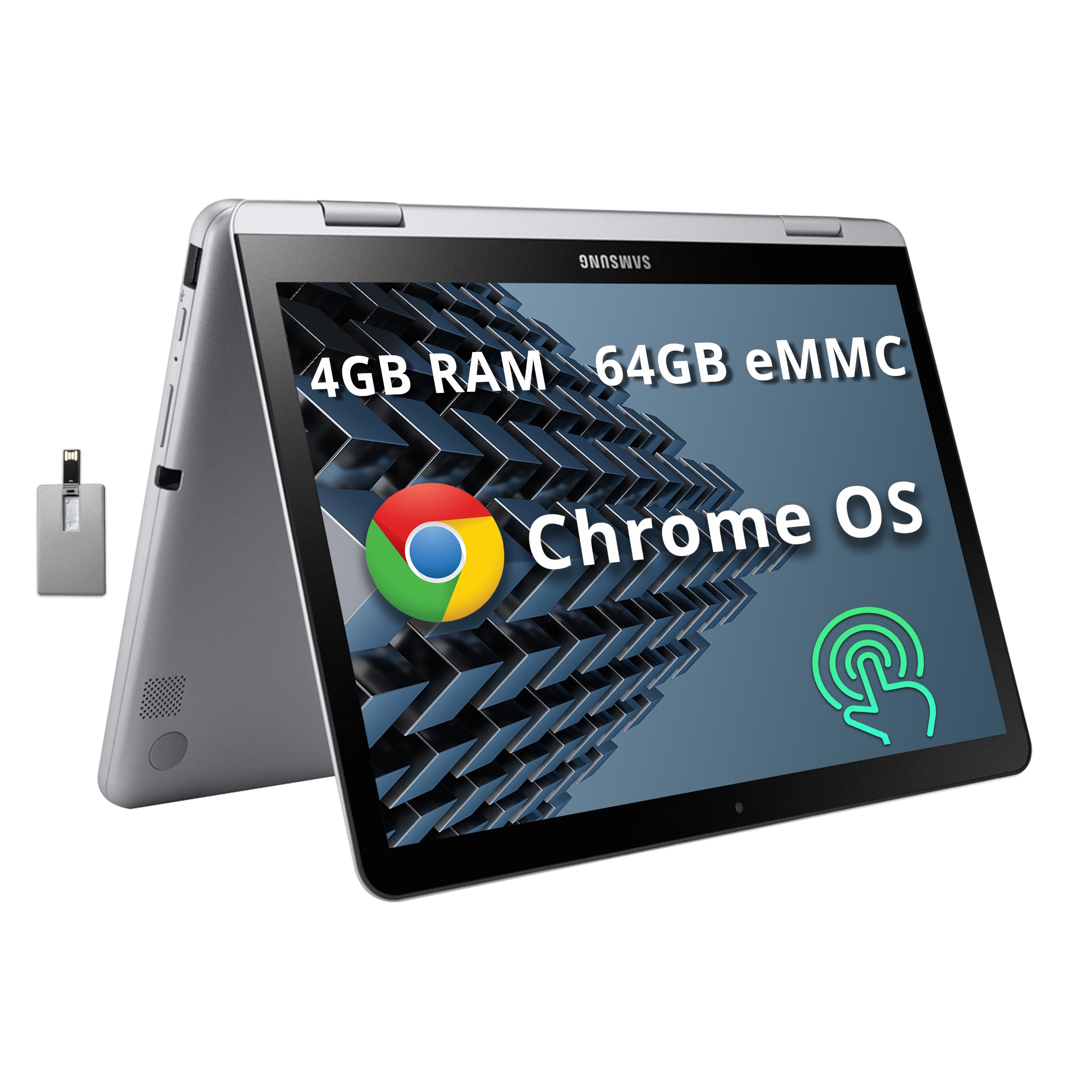 SAMSUNGPlus V2 2-in-1 12.2" FHD Touchscreen Chromebook Laptop, Intel Celeron 3965Y, 4GB RAM, 64GB eMMC, 1M Front Camera, Wi-Fi, Bluetooth, SD Reader, Stylus Pen, Chrome OS, Silver, 128GB USB Card