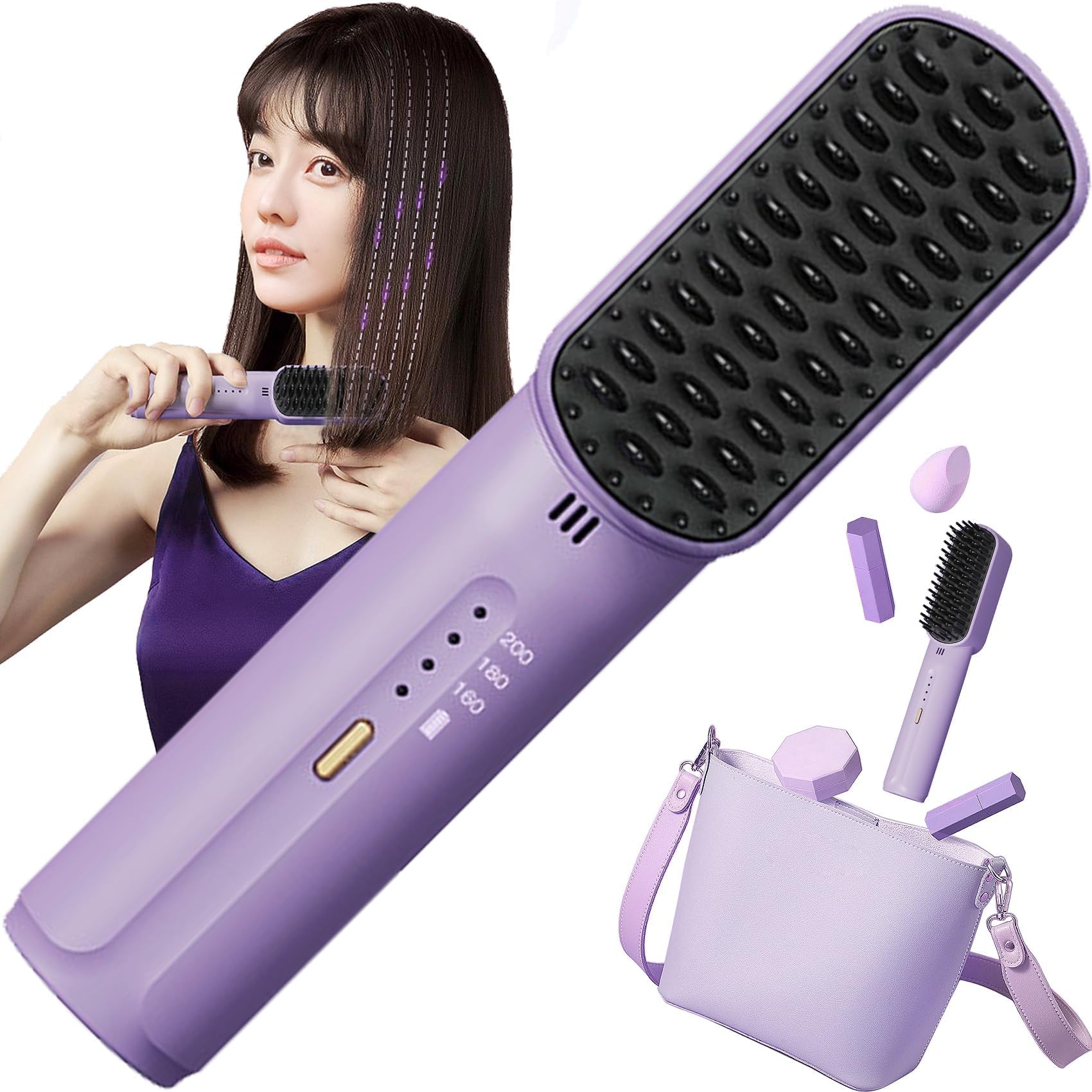 1pcs Cordless Hair Straightener Brush, Portable Mini Ionic Hot Comb Straightener for Women, Lightweight for On-The-Go Travel, Type-C Charging, Anti-Scald