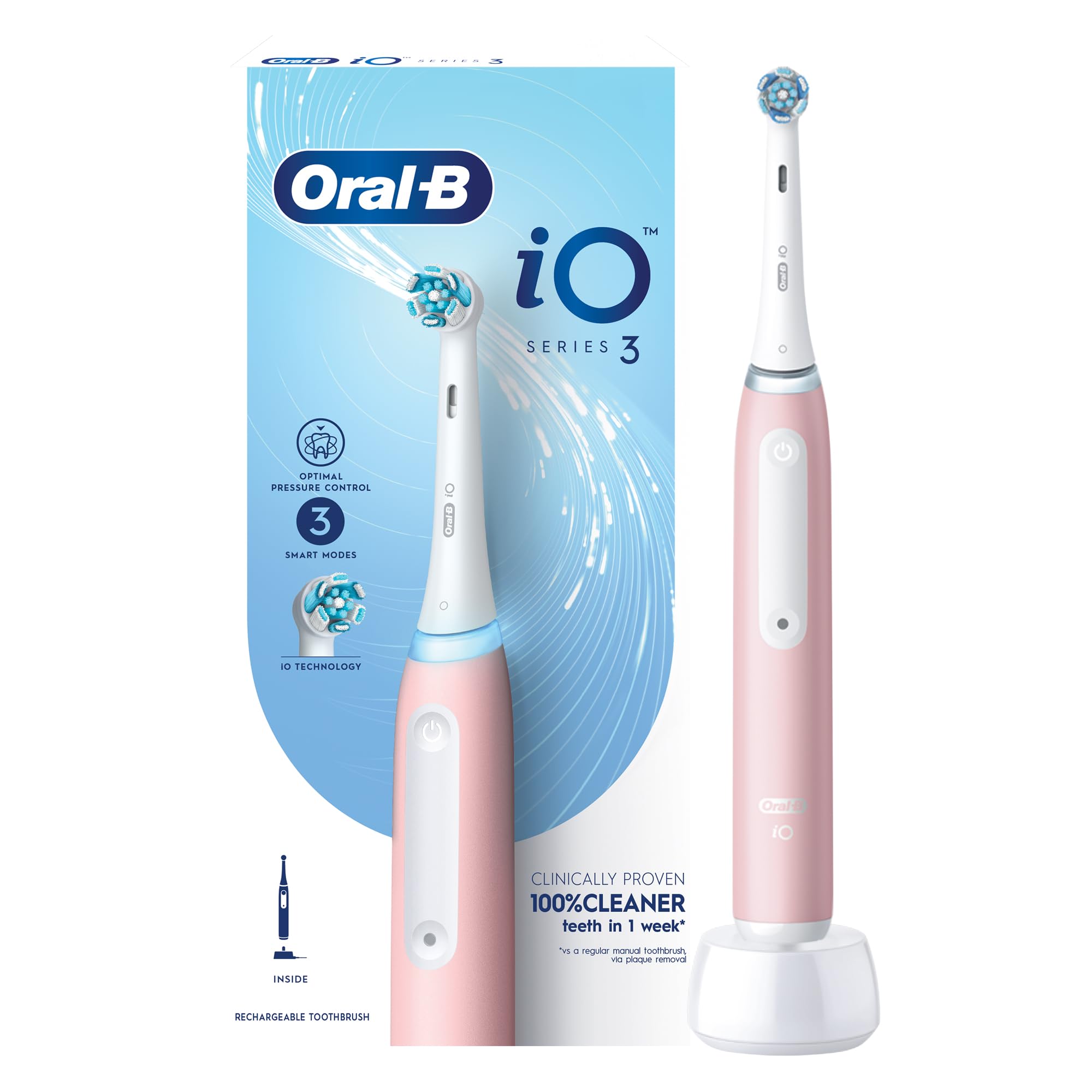 Oral-B Oral B iO3 Series 3 Rechargeable Electric Toothbrush, 3 Smart Modes. iO Technology, Artificial Intelligence, Optimal Pressure Control iOG3.1A6.0 - Pink