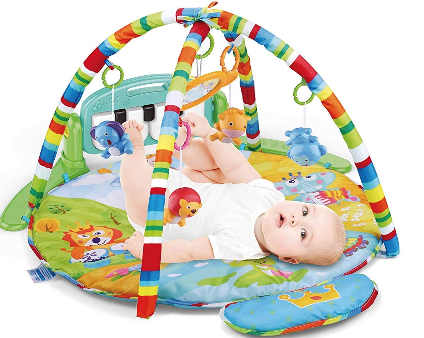 Meero London HE0610 Newborn Blue Round Play mat Gym with Large Keyboard 4 in 1 Kick & Play Activity Centre, Fun Animals, Music, Sound, Textures, Rattle, Discovery Carpet for Infants Toddlers, 0-36M