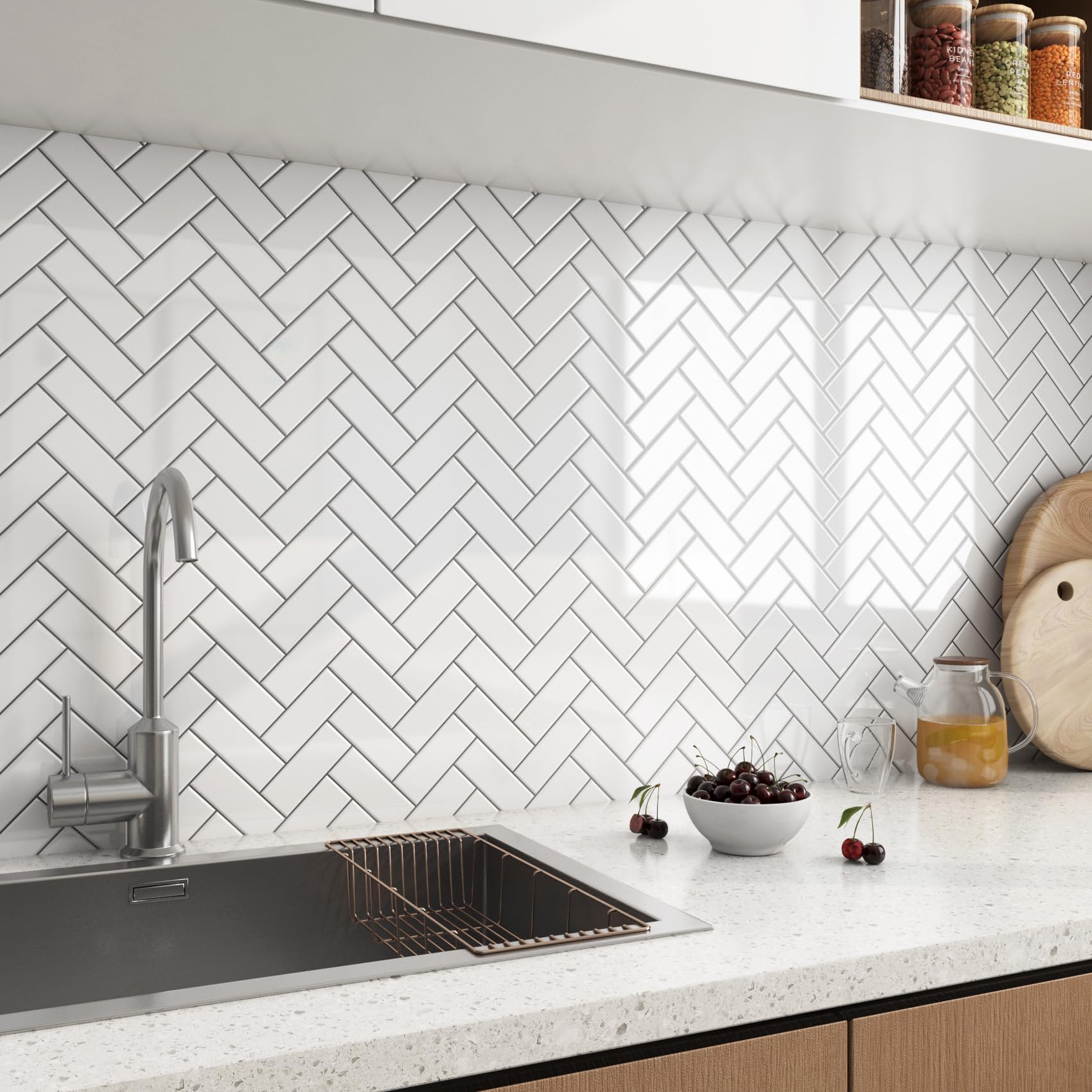 FunStick Tile Stickers for Kitchen White Wall Tile Stickers for Kitchen Splashback Herringbone Waterproof 30x30cm 5 Pcs Vinyl Tiles Self Adhesive Wall White Stick on Tiles for Bathroom Washable