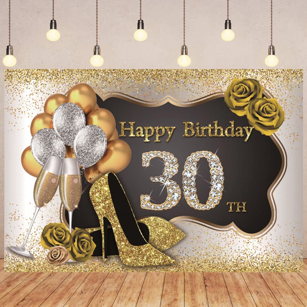 DORCEV 8x6ft Happy 30th Birthday Photography Backdrop Luxury Gold Black Glittering Sequins Background for Birthday Party Glitter Heels Rose Sparkle Diamonds Balloons Decor Lady Woman Portrait Props