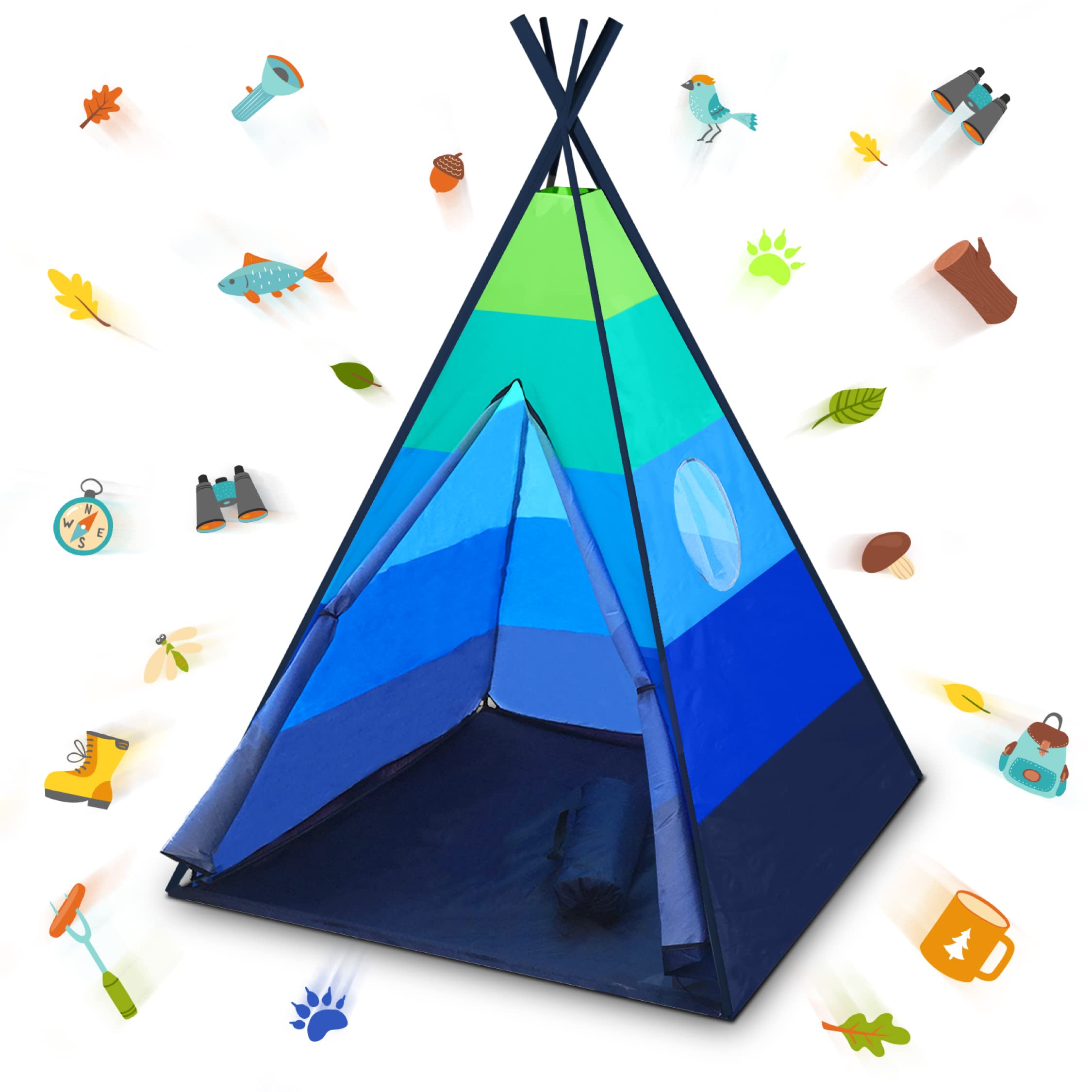 USA Toyz Happy Hut Teepee Tent for Kids - Indoor Pop Up Teepee Kids Playhouse Tent for Boys and Girls with Included Flashlight Projector Toy and Portable Play Tent Storage Bag (Blue)