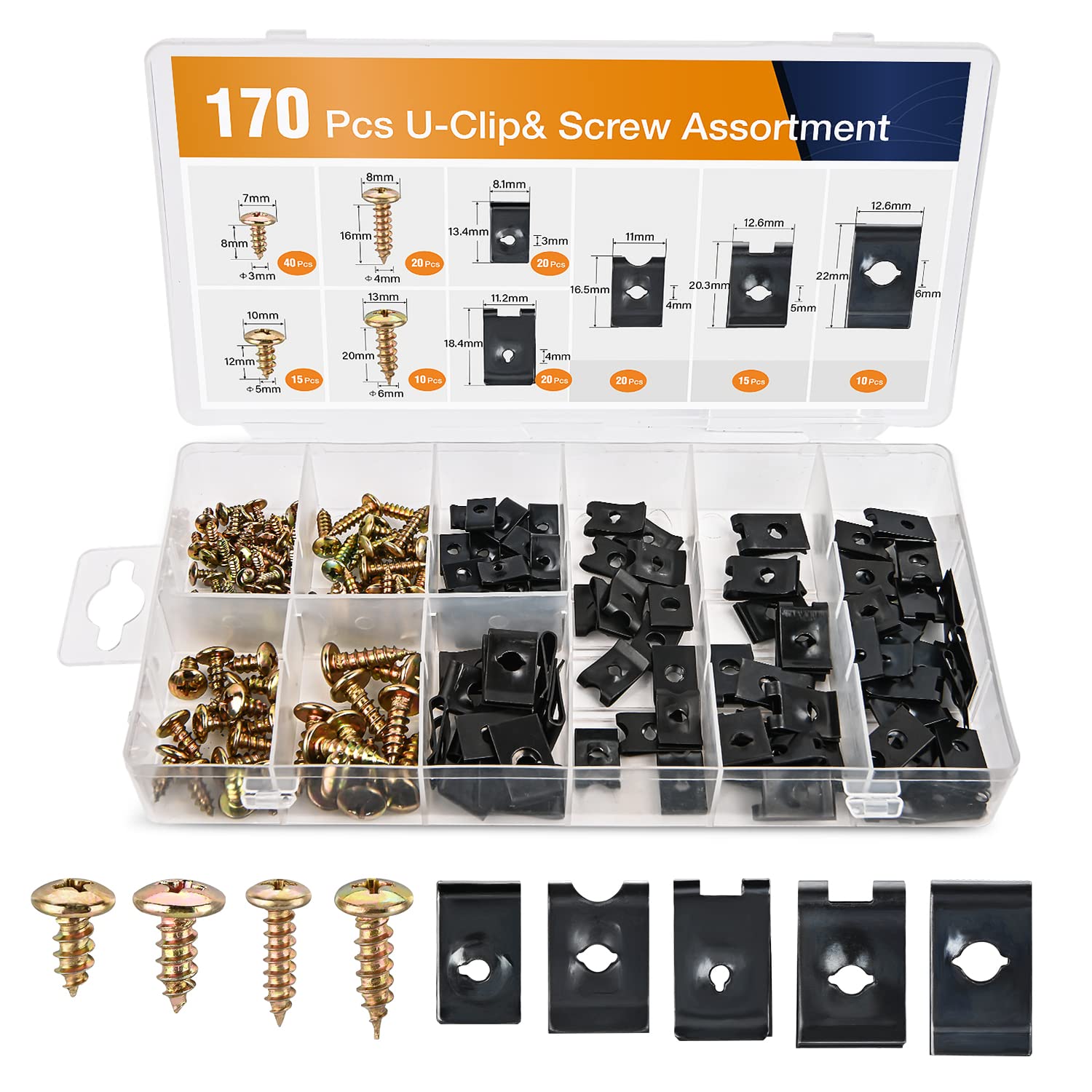 GOOACC 170Pcs Car U-Clip and Screw Assortment Kit 9 Different Sizes Automotive U Nut and Screw Clip Replacement Parts for Dash Door Panel Interior