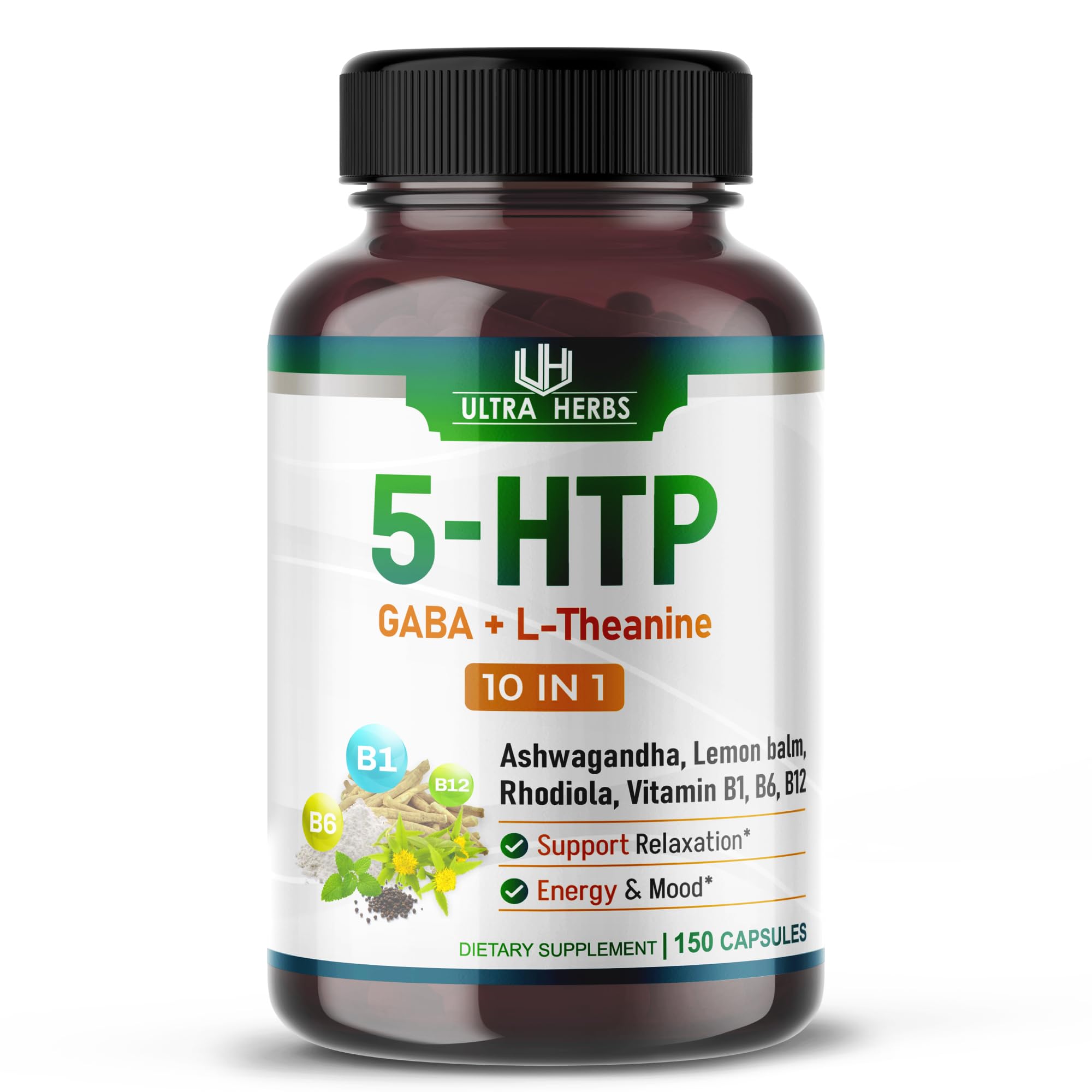 5-HTP Supplement Enriched with Ashwagandha, L-Theanine, GABA, Rhodiola | 10 in 1 Ultra Mood Support Complex for Calmness, Relaxation & Sleeps Quality | 150 Capsules