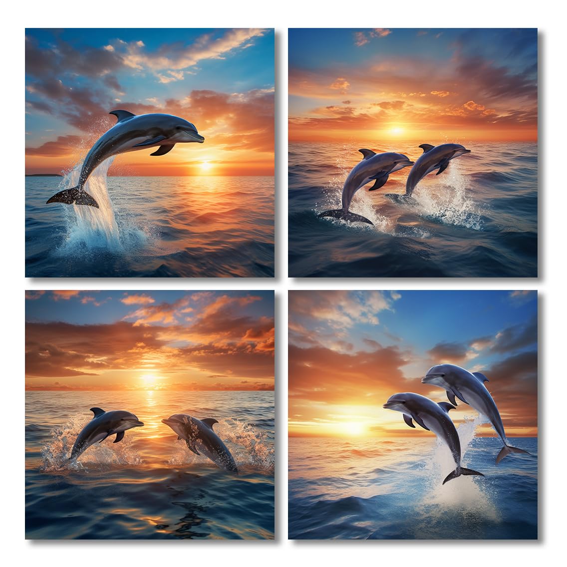 Blue Dolphin Beach Wall Art - Beauty Sunset and Sunrise Watercolor Beach Seascape Pictures 4 Pieces Jumping Dolphin On Ocean Scenery Canvas Print Poster For Home Office Decor 12x12 inches Unframe