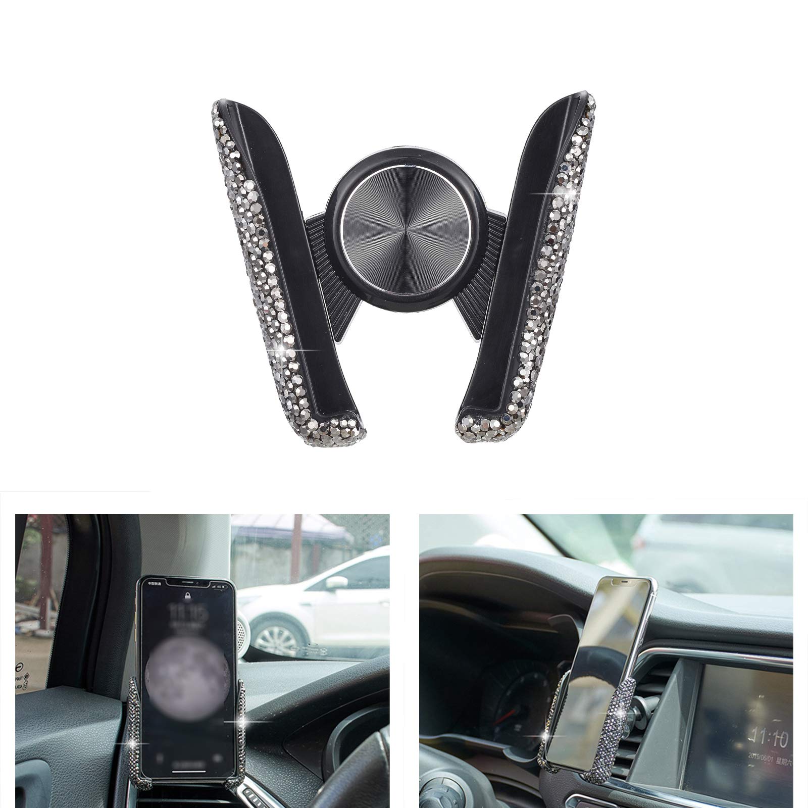 ATMOMO Black Bling Crystal Car Phone Mount Universal Air Vent Car Phone Holder Dashboard Phone Mount Stand Holder