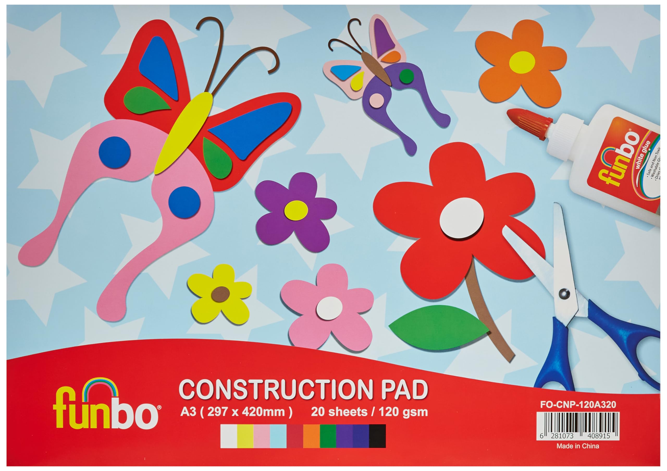 Funbo 120 gsm 20 sheets construction pad, a3 size, 10 assorted colours