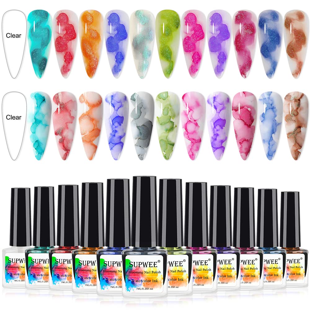 Blooming Watercolor Ink Gel Nail Polish Flower Nail Art Blossom Gel for Spreading Marble Effect Soak Off UV Gel Manicure 12 Colors 7ml(0.25fl oz)