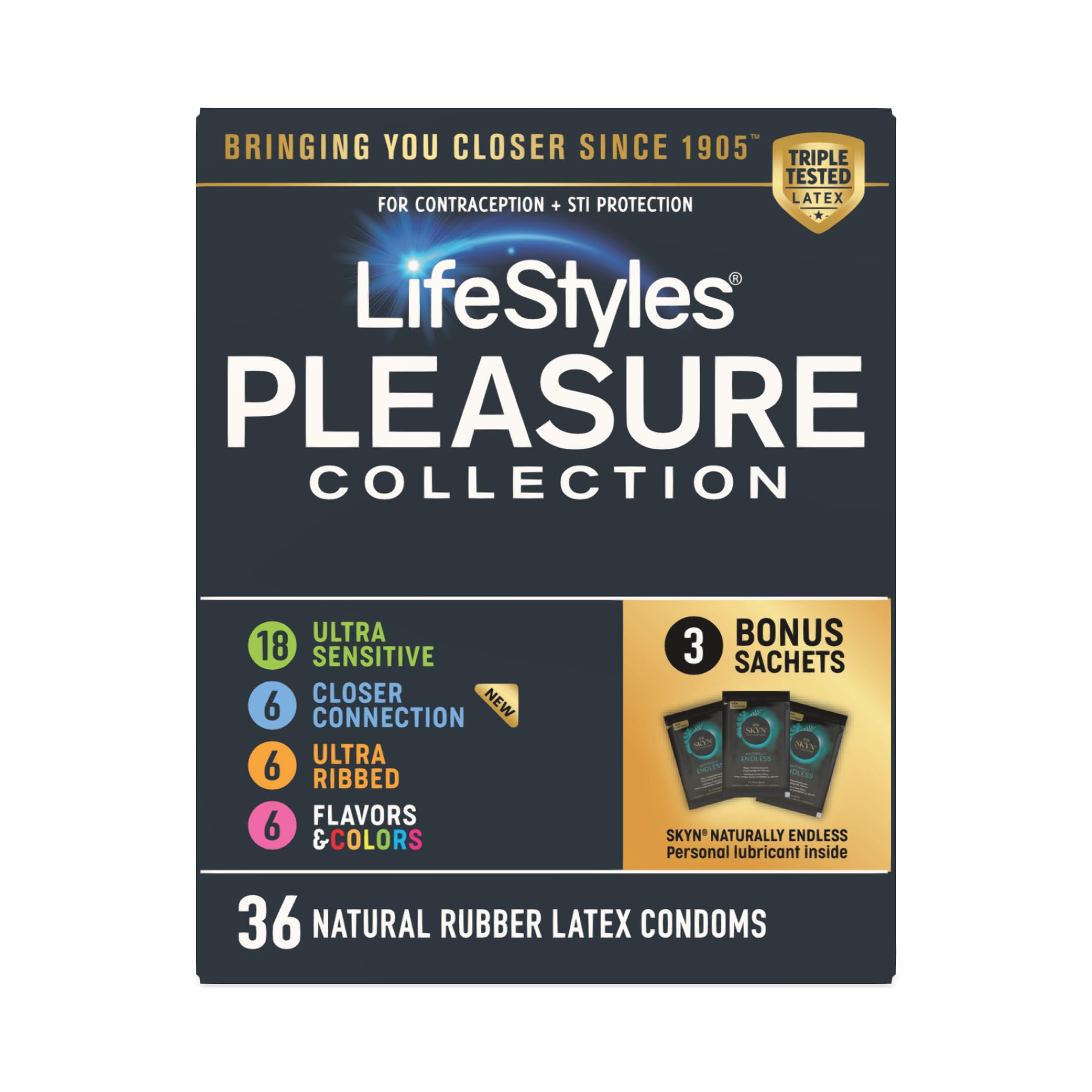 LifeStyles Pleasure Collection Assorted Lubricated Natural Latex Condoms, 36 Count, 3 Bonus Personal Lubricant Sachets, Triple Tested (Pack of 1)​