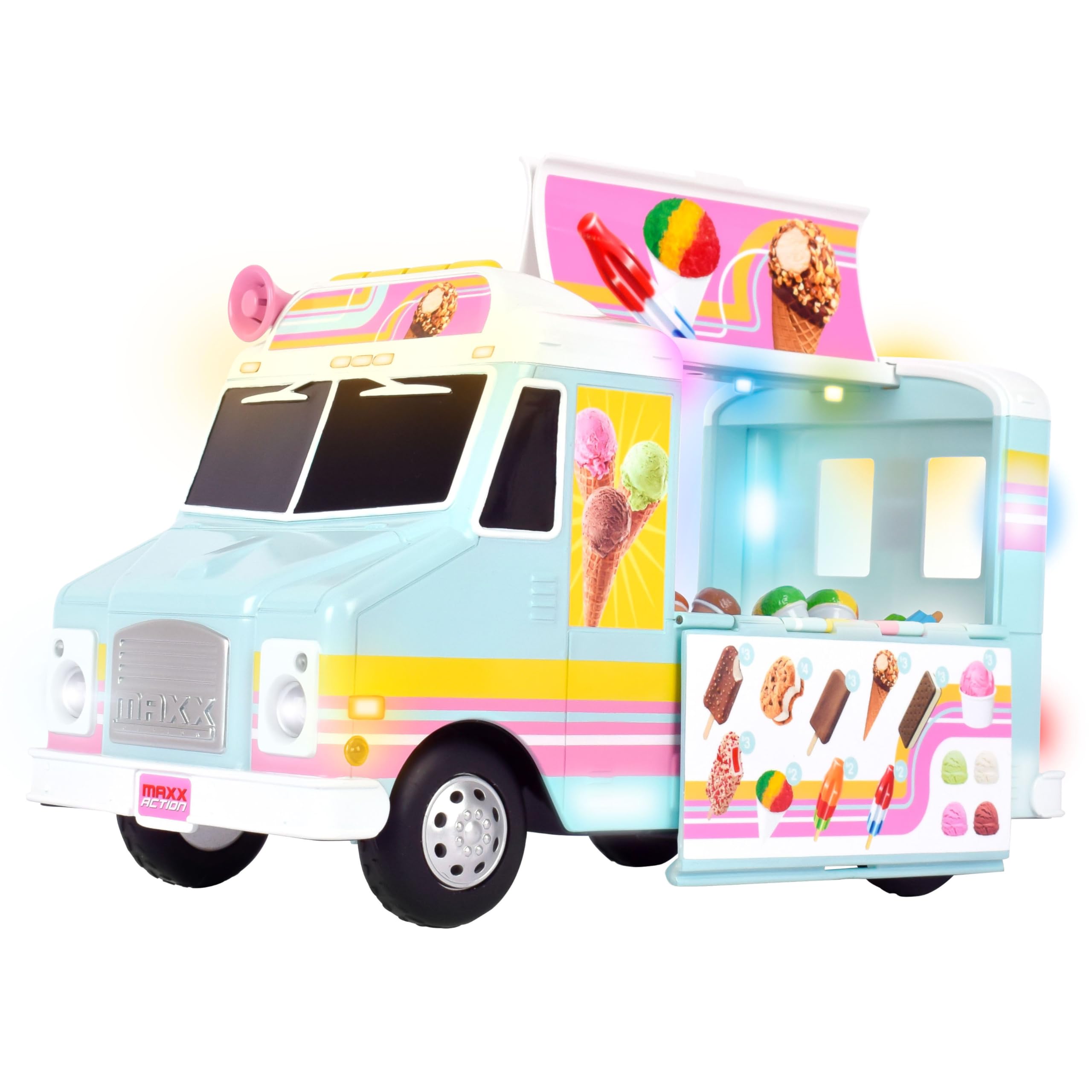 Sunny Days Entertainment, LLC. Maxx Action 12” Ice Cream Food Truck, Lights and Sound, Includes 16 Pieces with Miniature Food, Imaginative Food Play for Girls and Boys 3+